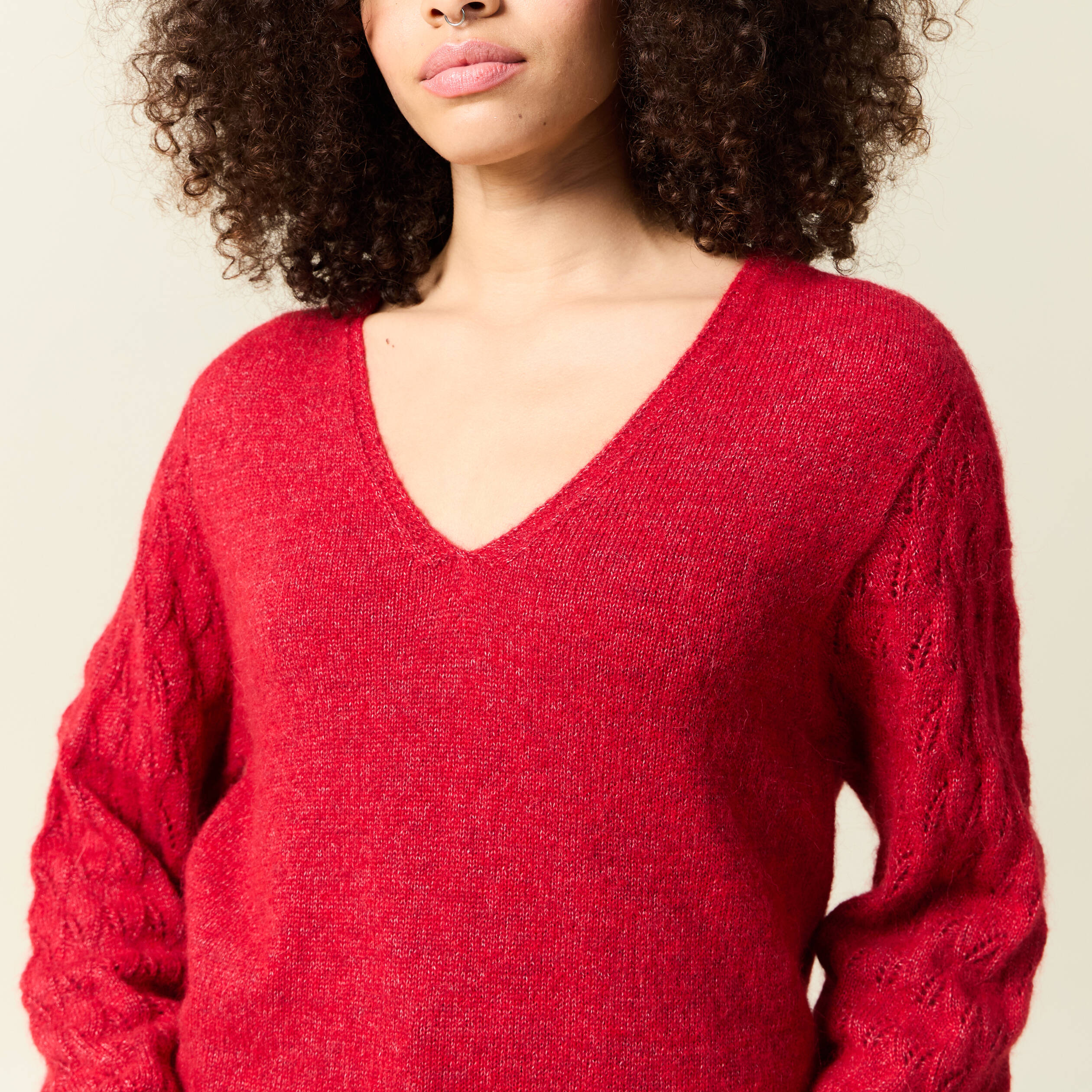 pull ajoure col v manches longues rouge femme Pull ajouré col V manches longues rouge femme