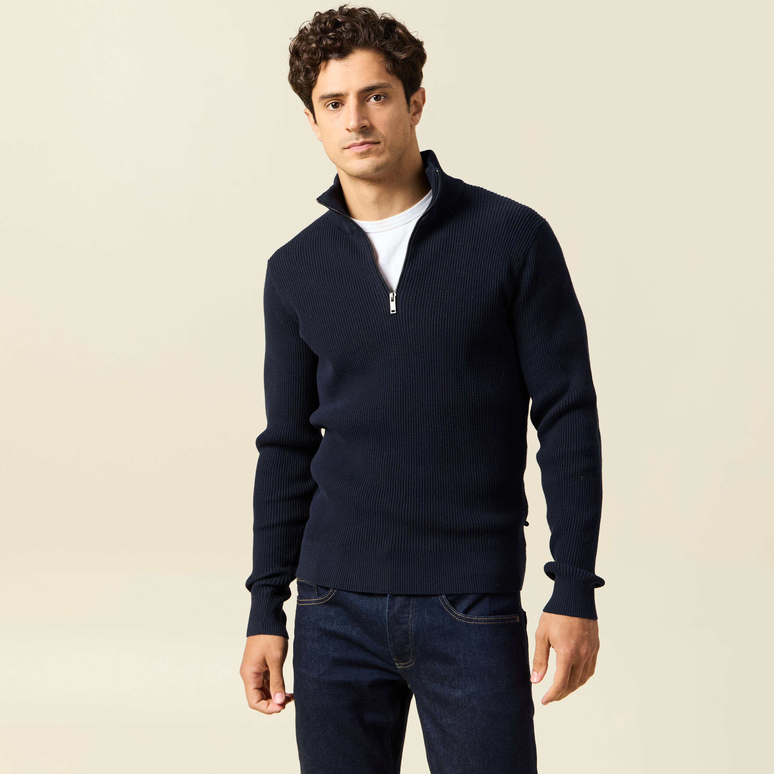 Pull col camionneur bleu marine homme