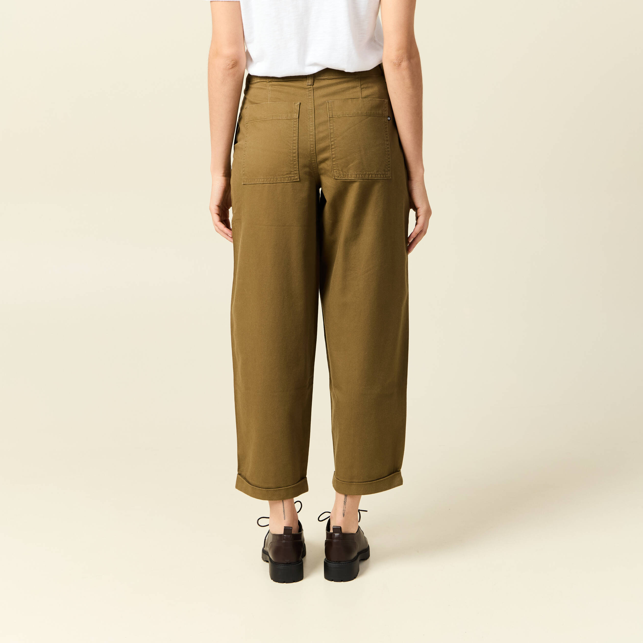 Jeans barrel taille haute 7/8&egrave;me vert kaki femme