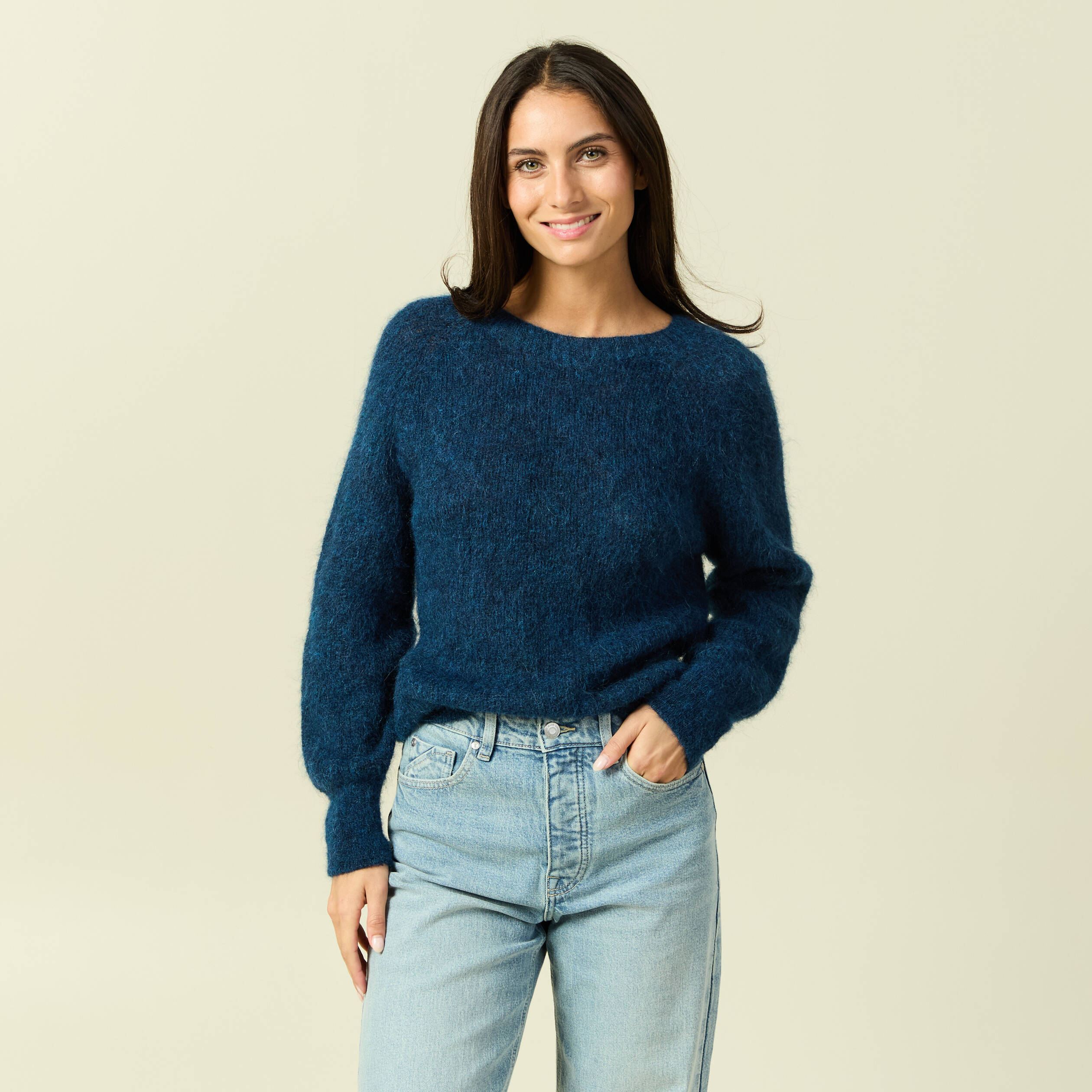 Pull manches longues col rond bleu canard femme