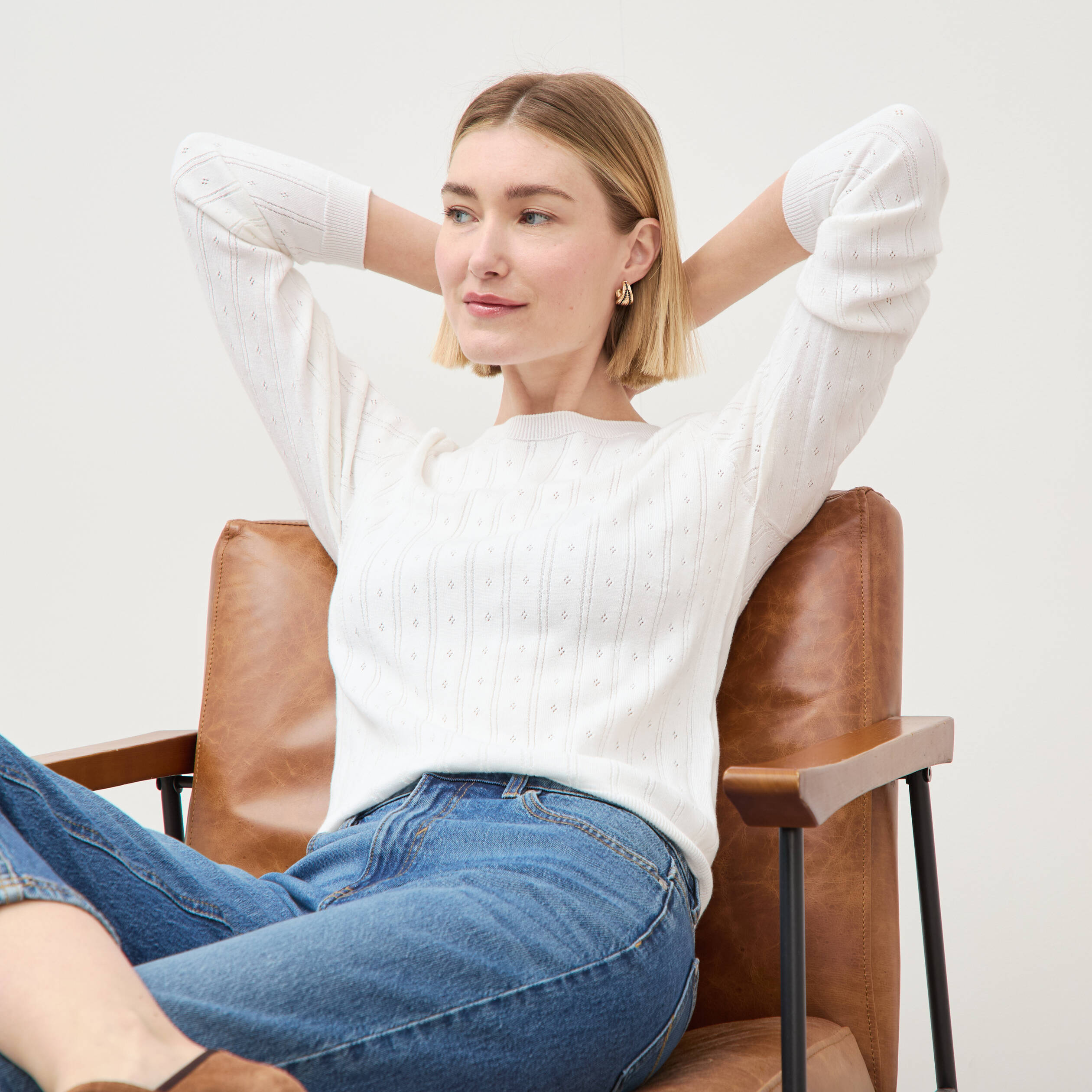 Pull col rond manches longues blanc femme