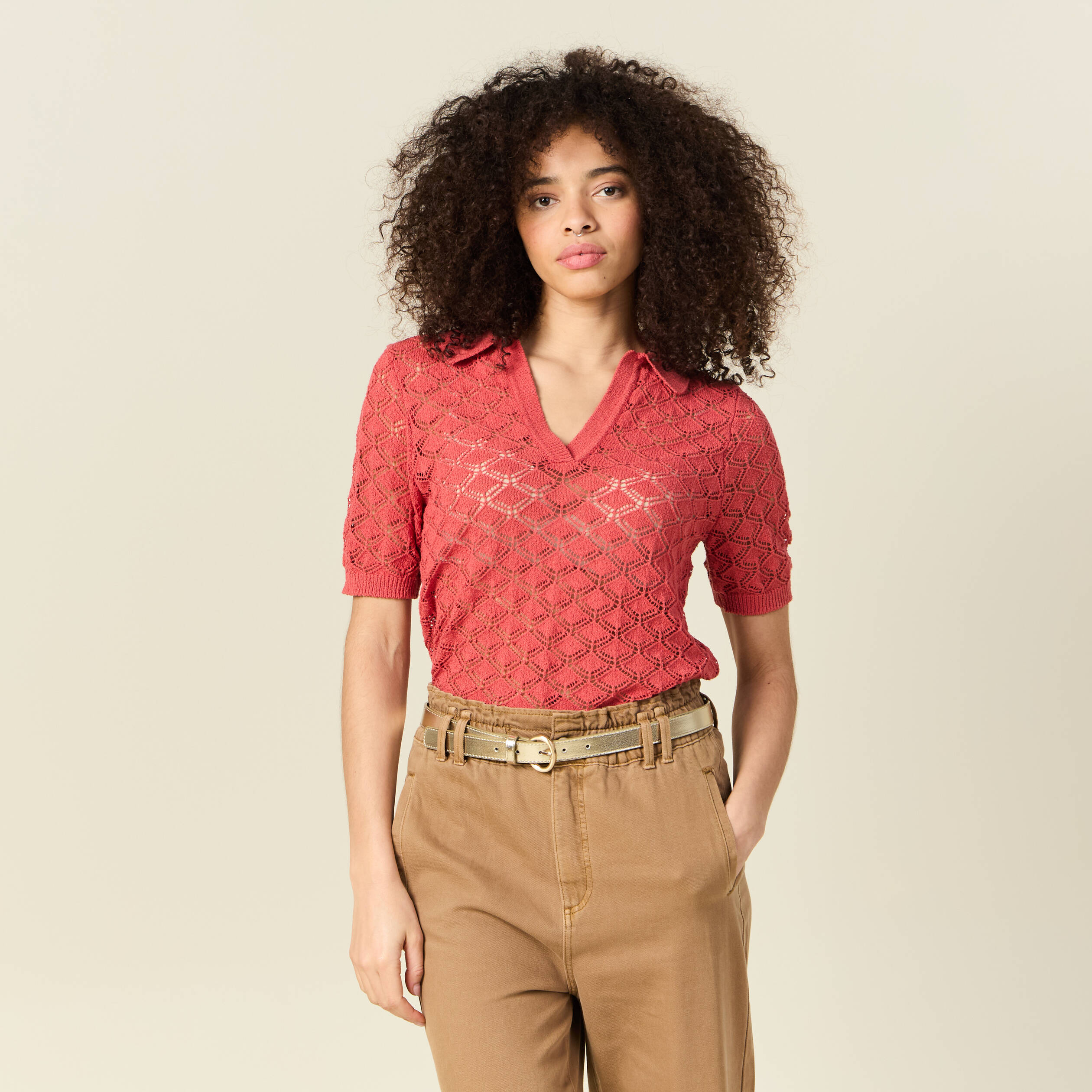 Pull manches courtes ajour&eacute; rouge femme