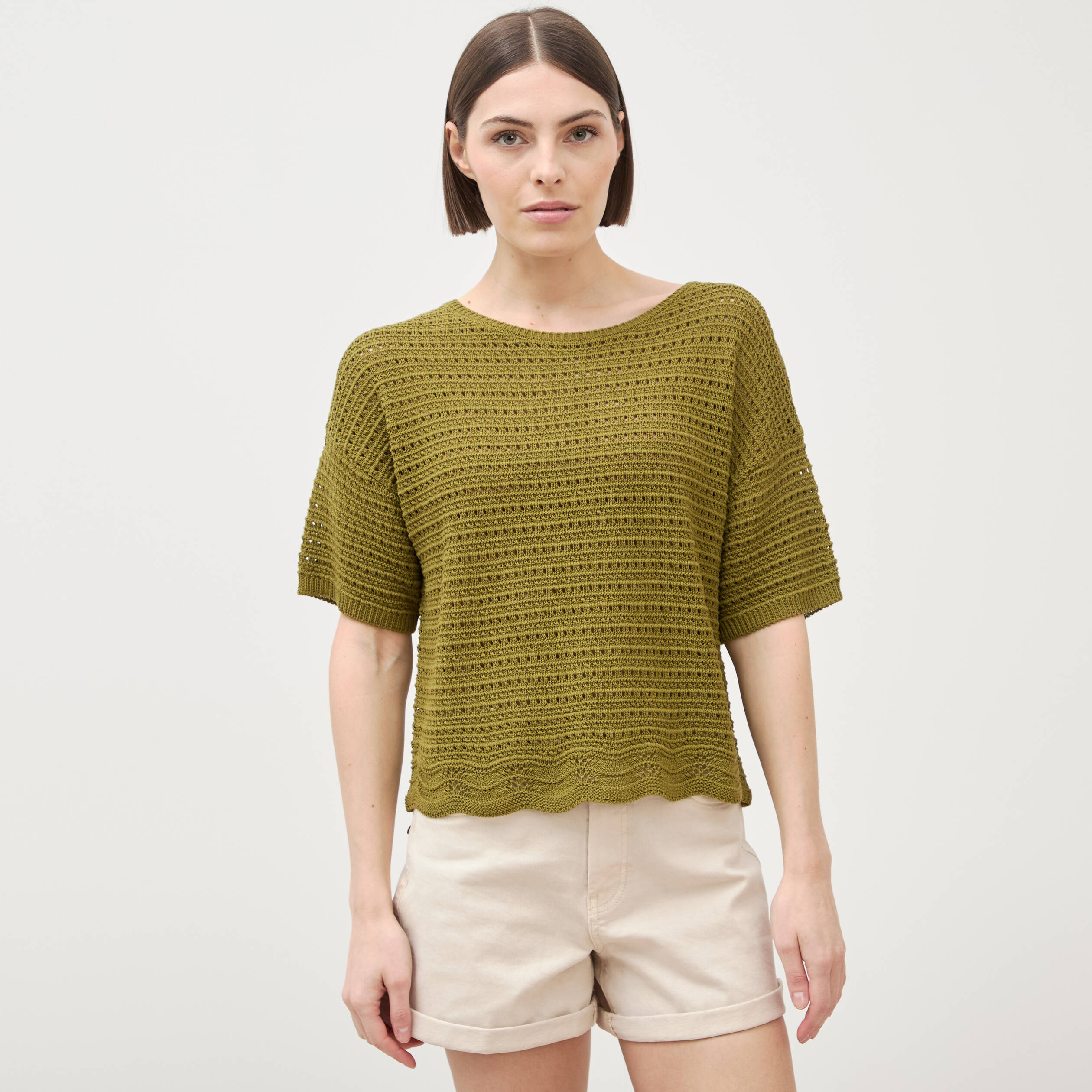 Pull col rond manches courtes vert kaki femme