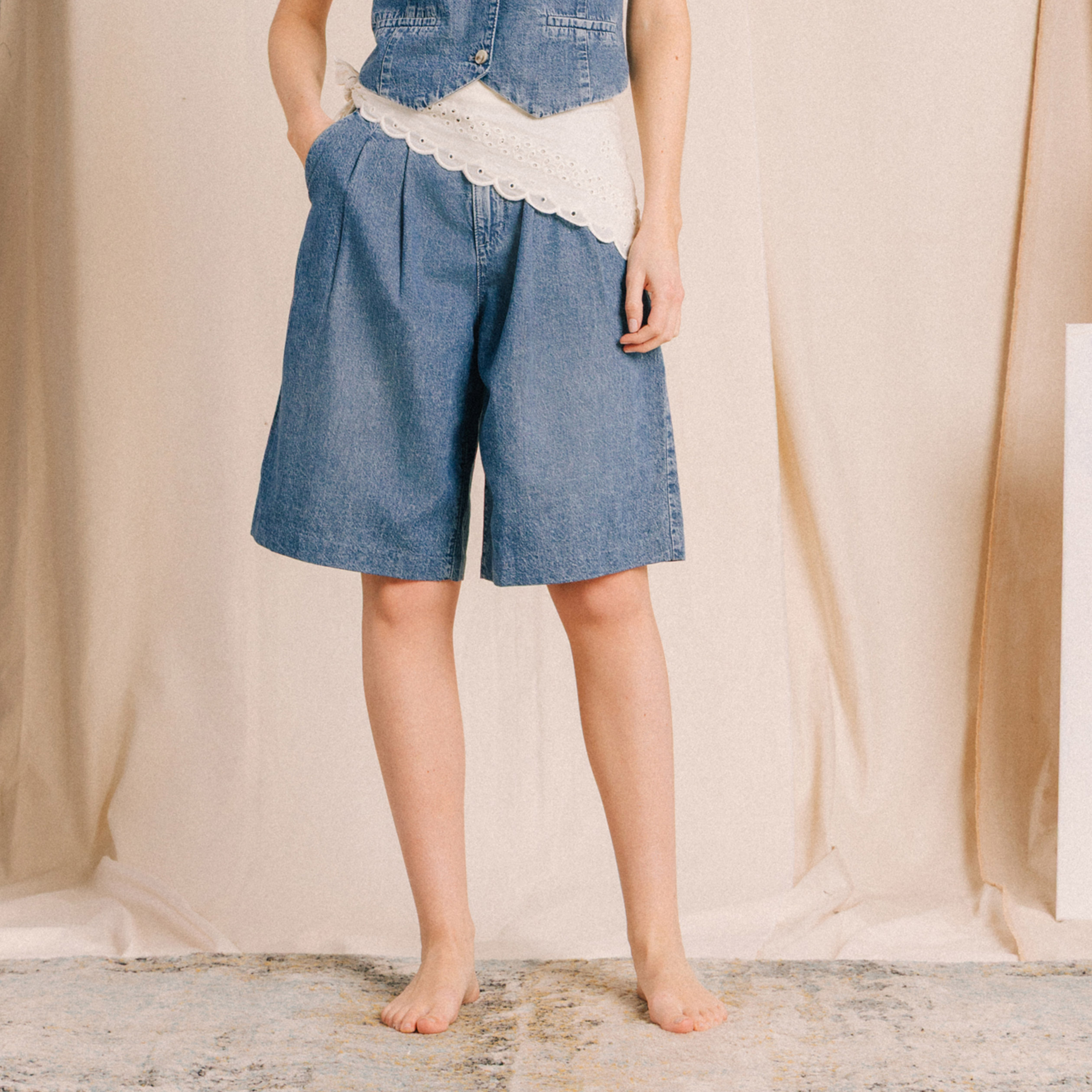 Bermuda jeans large taille haute denim used femme