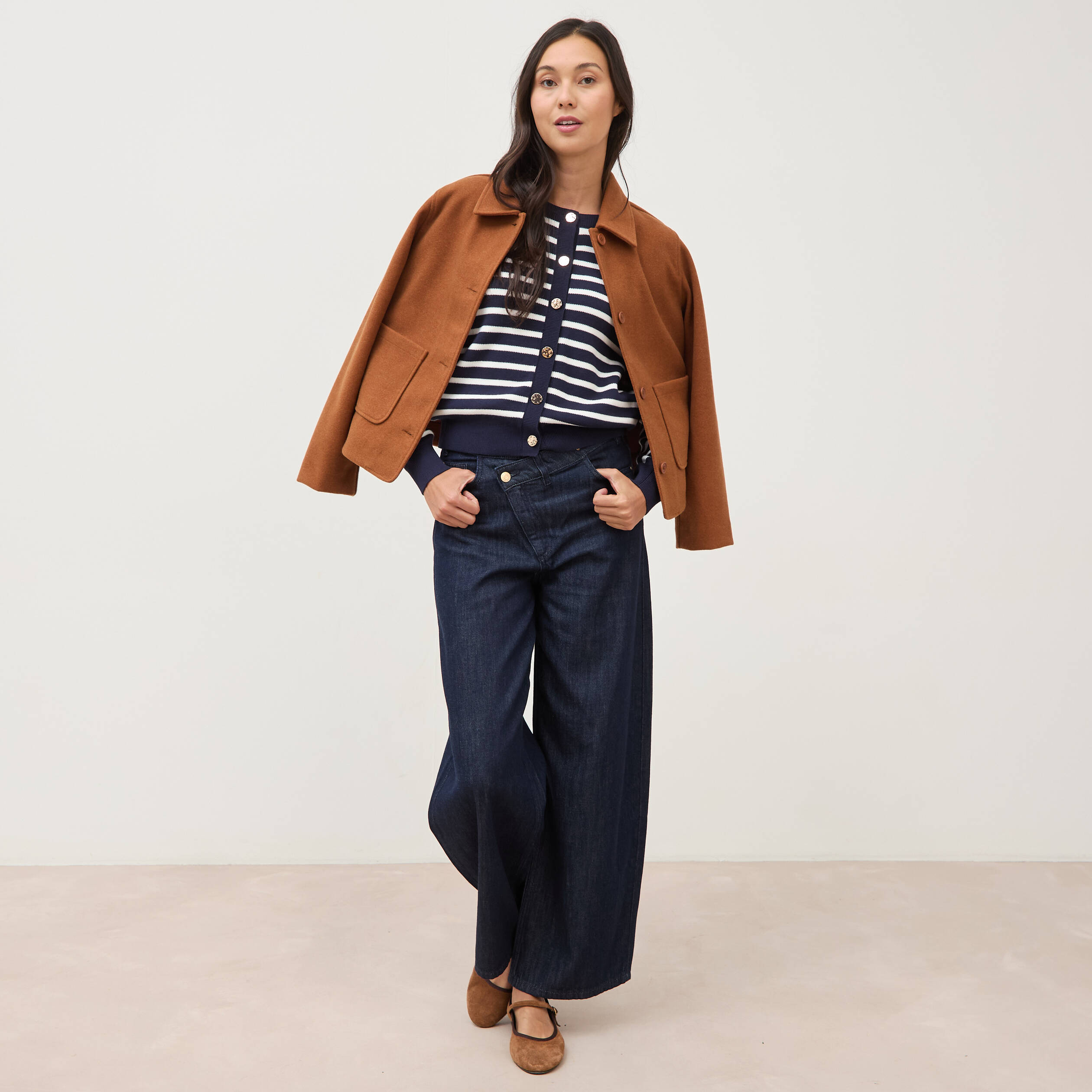Gilet manches longues col rond en coton bleu marine femme
