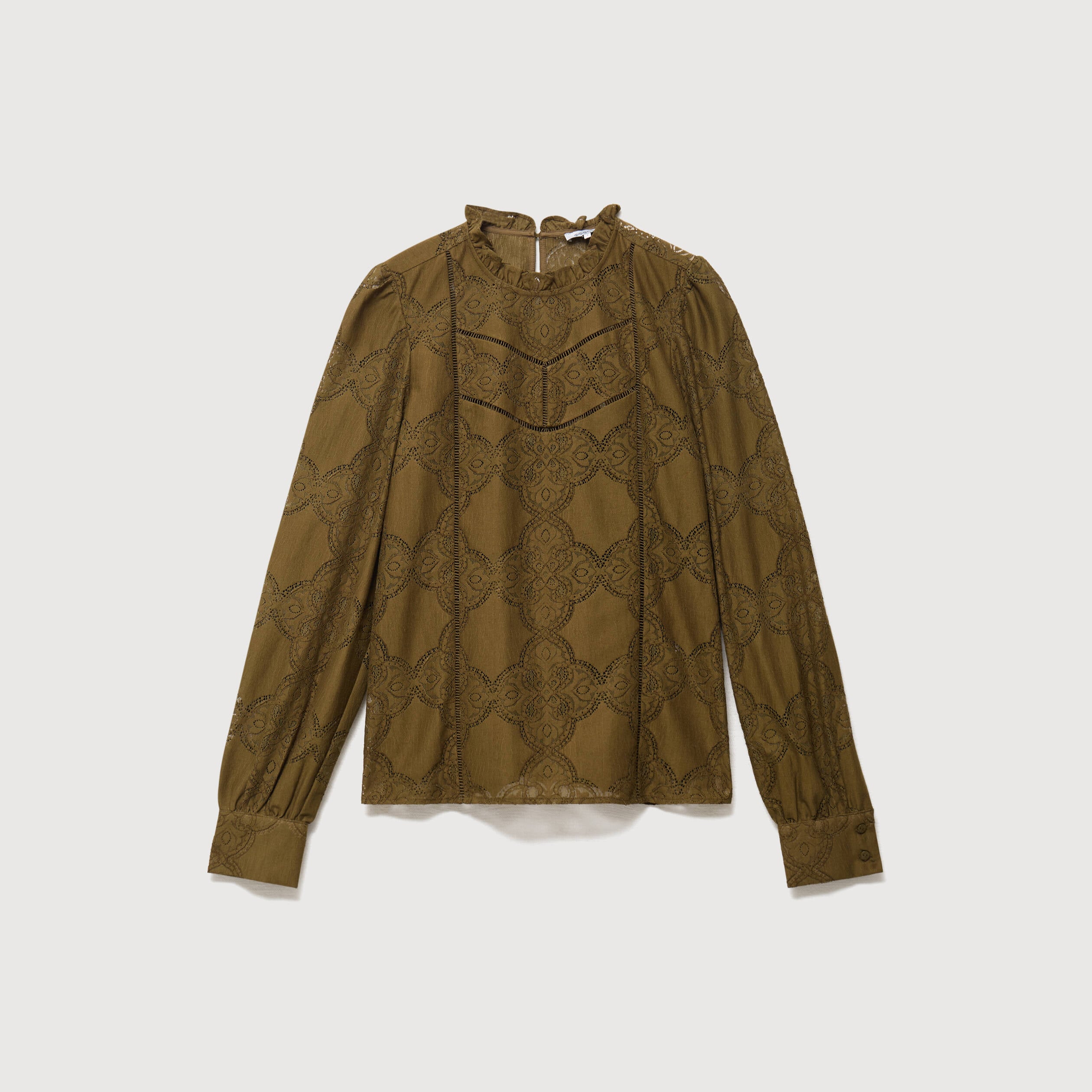 Blouse cintr&eacute;e dentelle manches longues vert olive femme