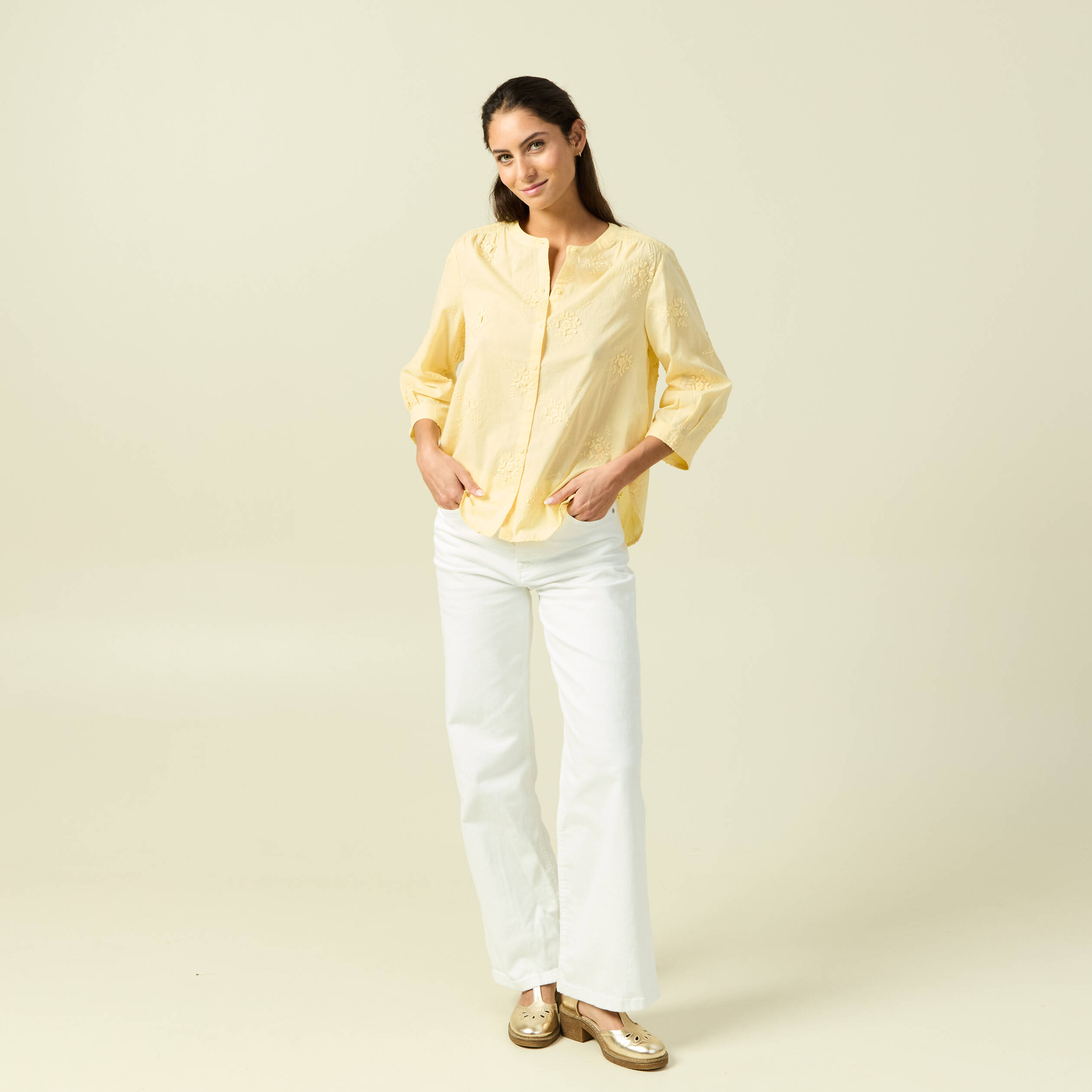 Chemise en coton manches 3/4 jaune clair femme