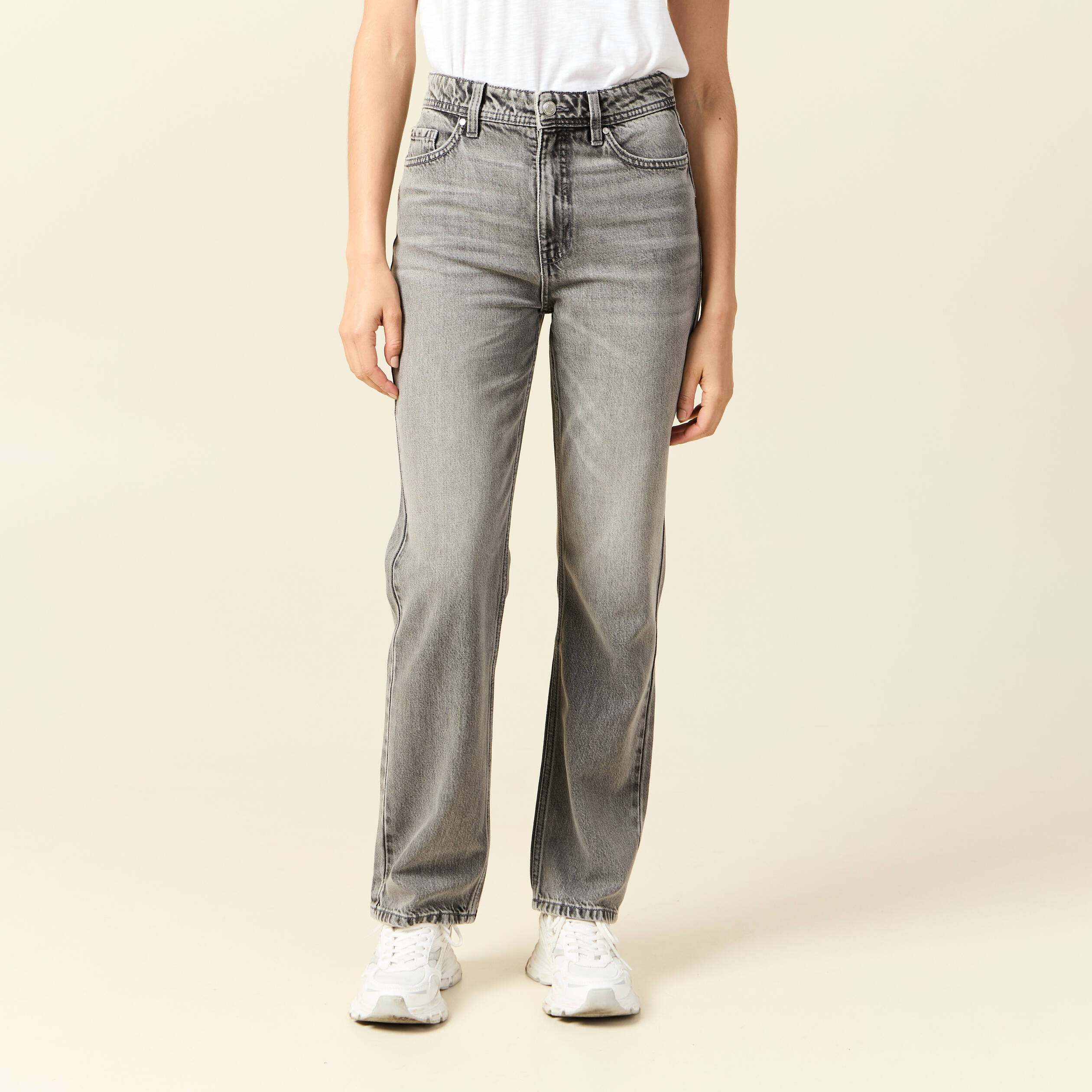jeans straight taille haute 78eme denim gris clair femme Jeans straight taille haute 7/8ème denim gris clair femme