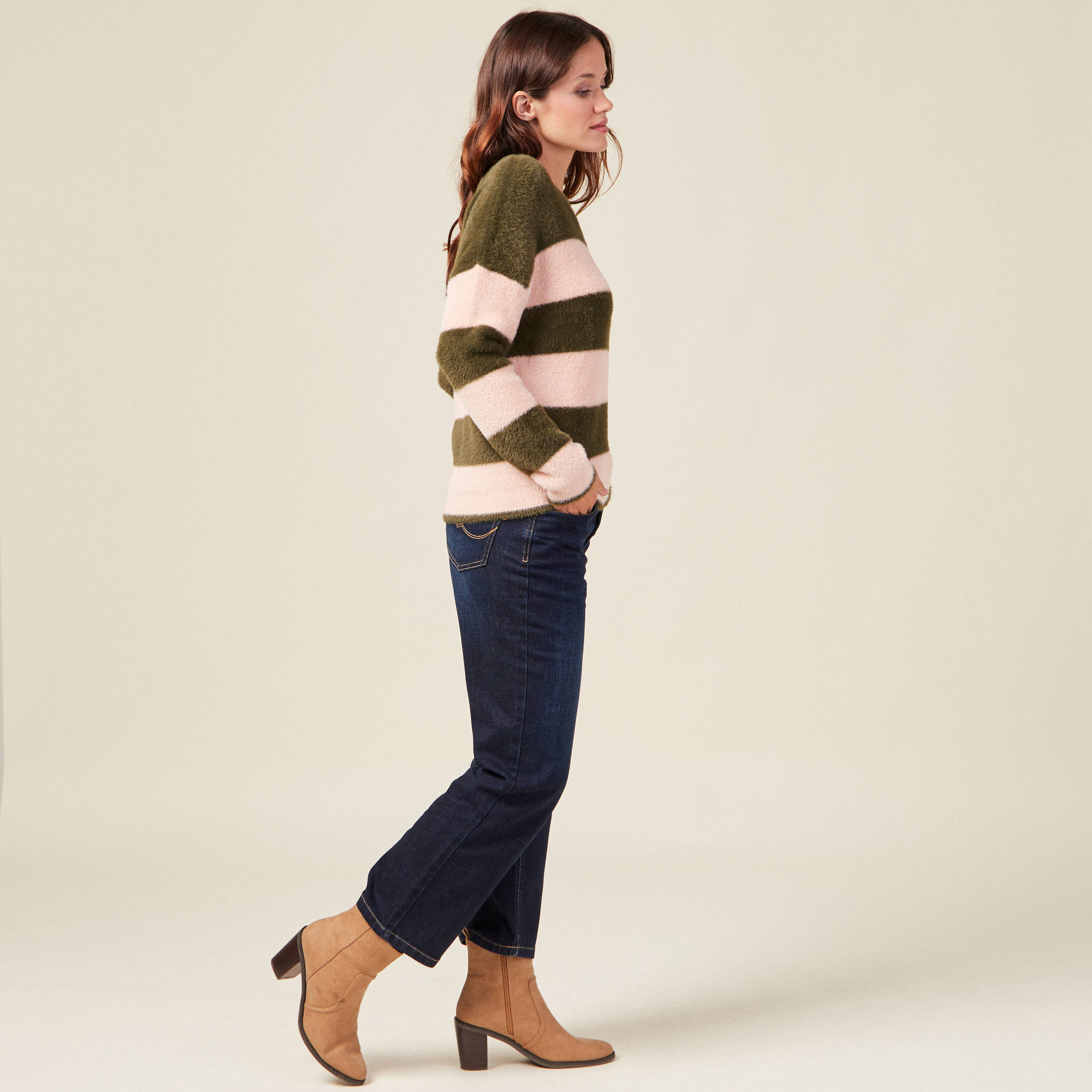 Pull manches longues vert kaki femme