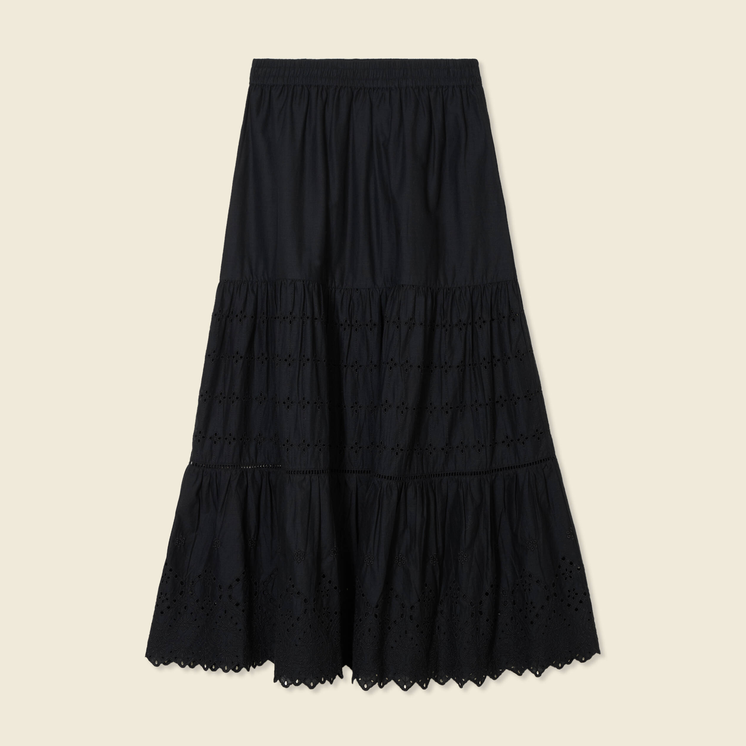 jupe longue evasee brodee noir femme Jupe longue évasée brodée noir femme
