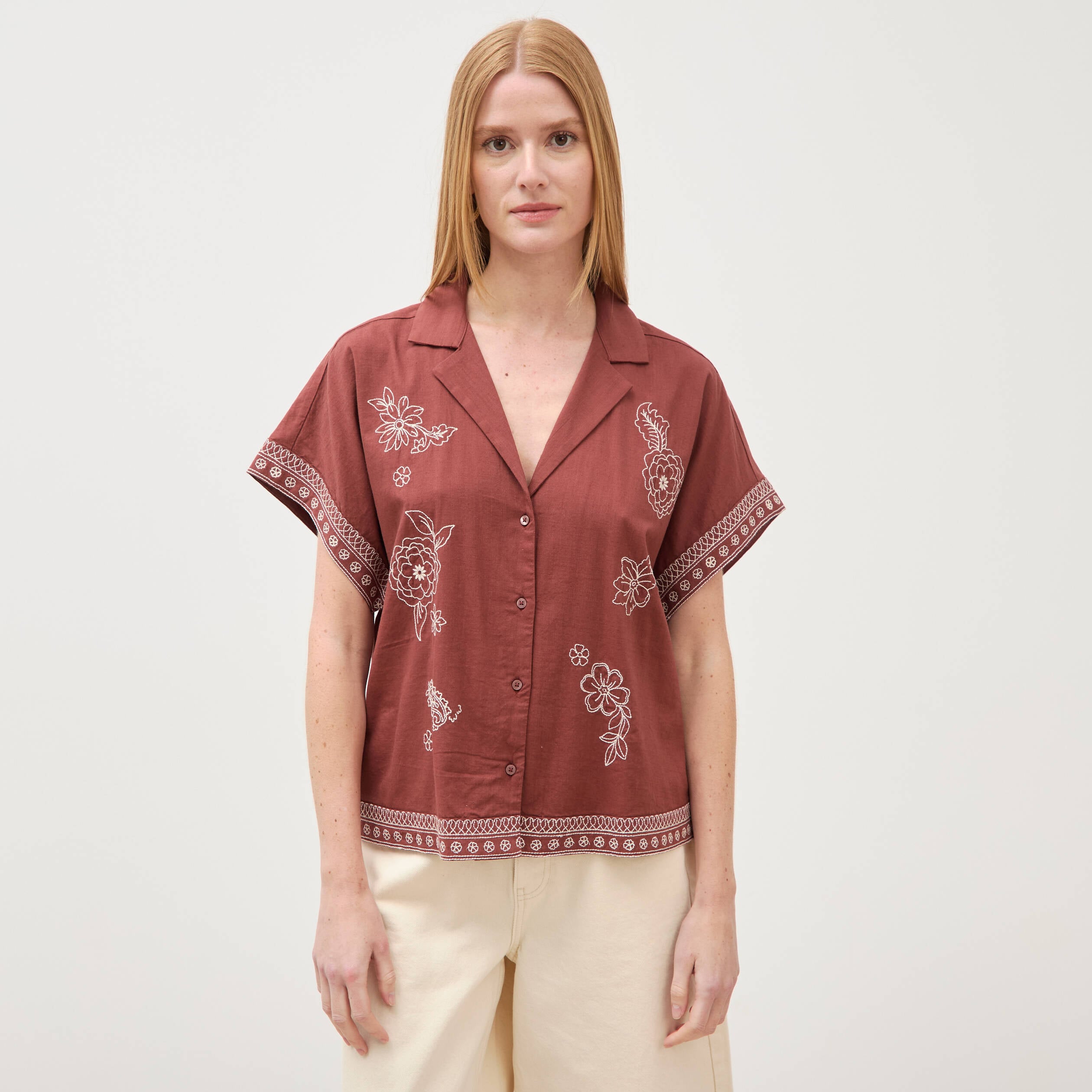 Chemise ample manches courtes marron cognac femme