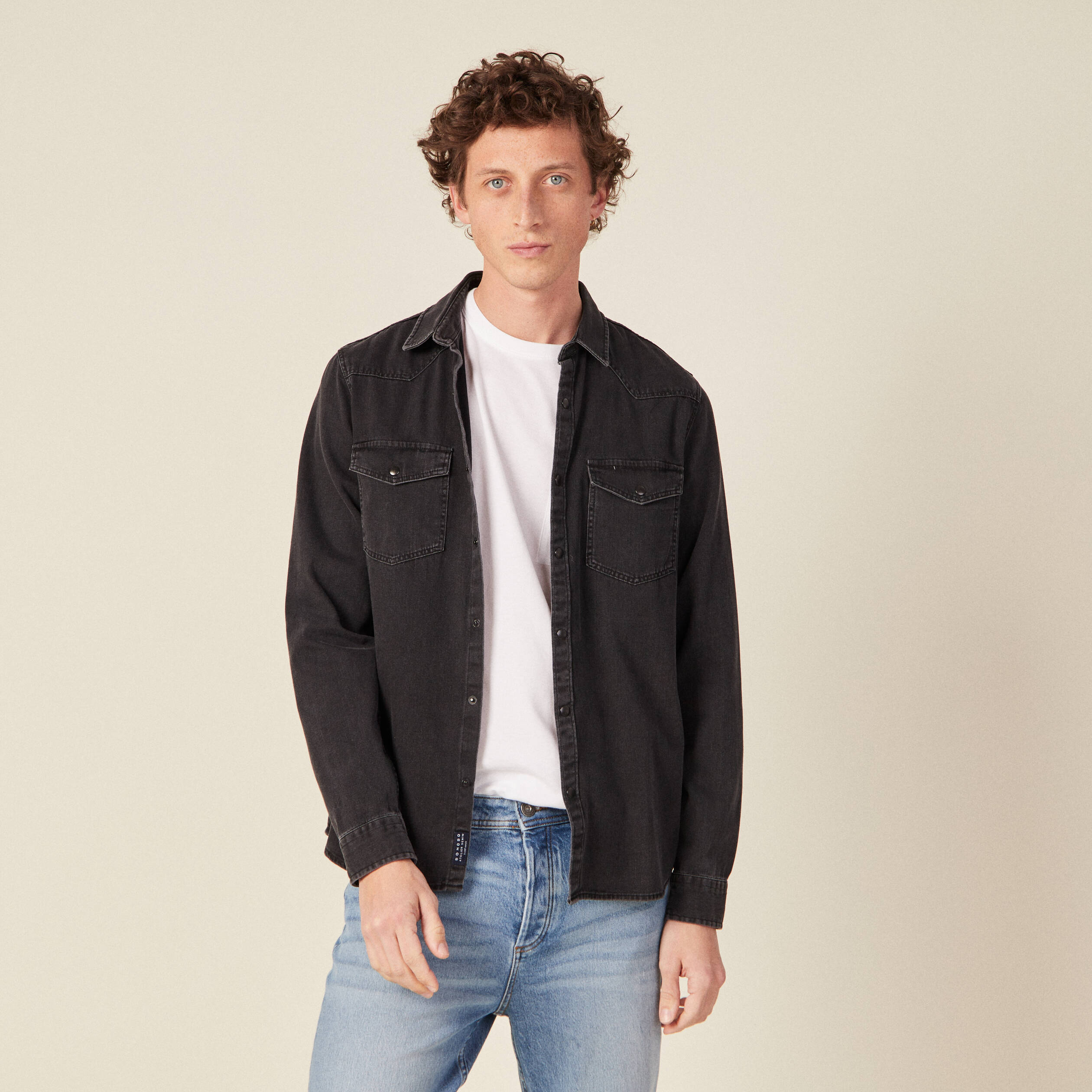 chemise manches longues jean denim noir homme Chemise manches longues jean denim noir homme