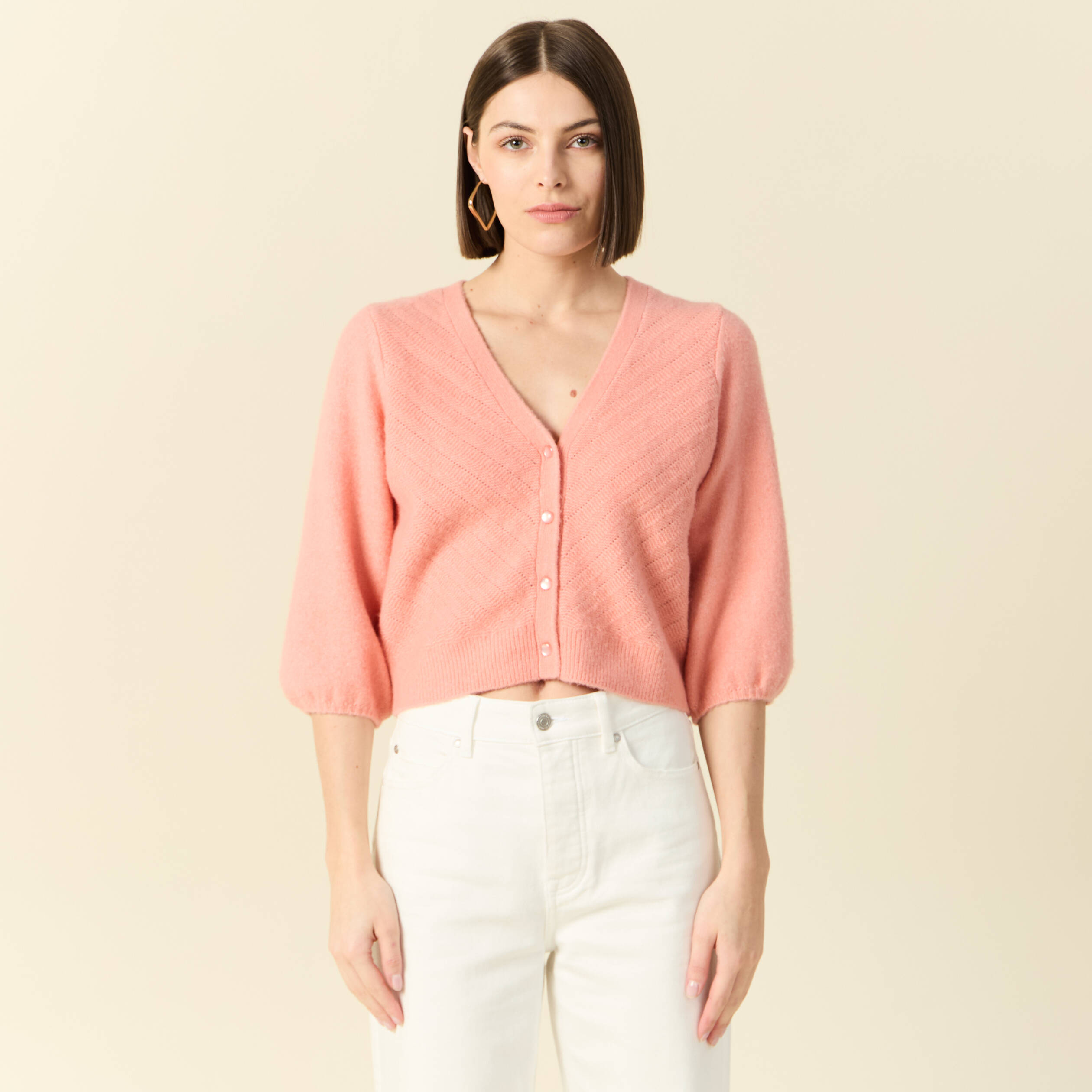 gilet manches 34 rose saumon femme Gilet manches 3/4 rose saumon femme