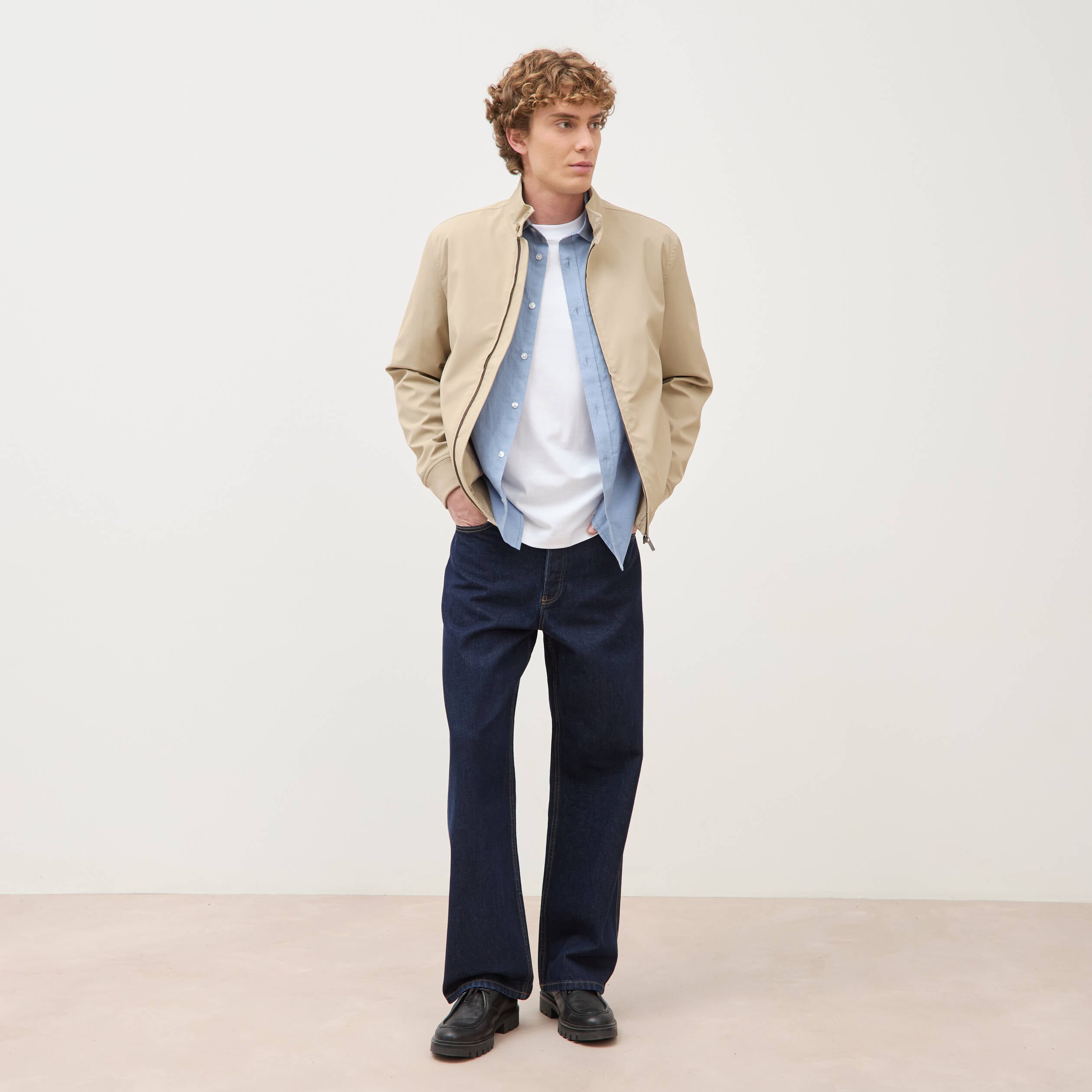 Blouson col camionneur manches longues beige homme