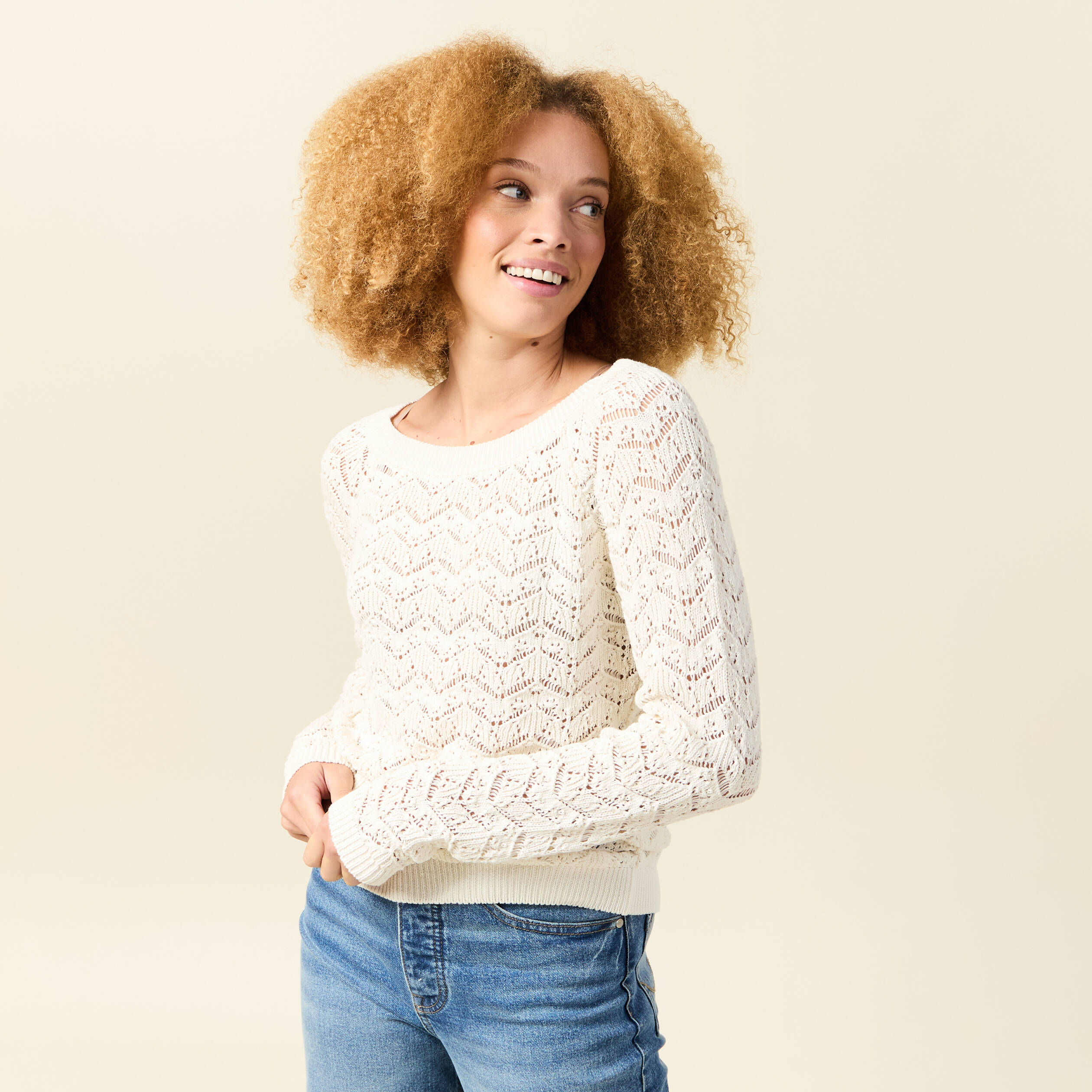 pull ajoure col bateau manches longues ecru femme Pull ajouré col bateau manches longues ecru femme