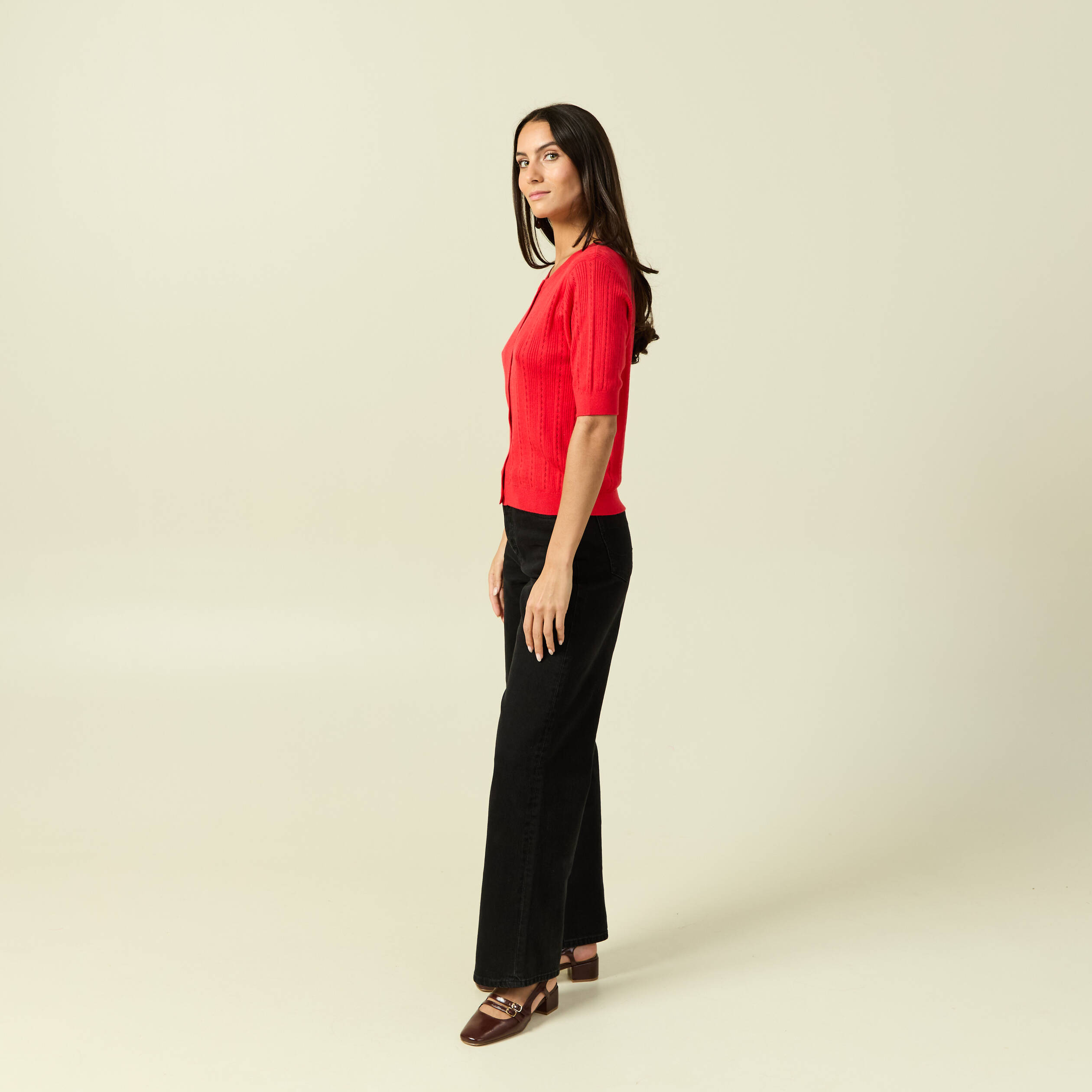Gilet manches coude col rond rouge fonc&eacute; femme