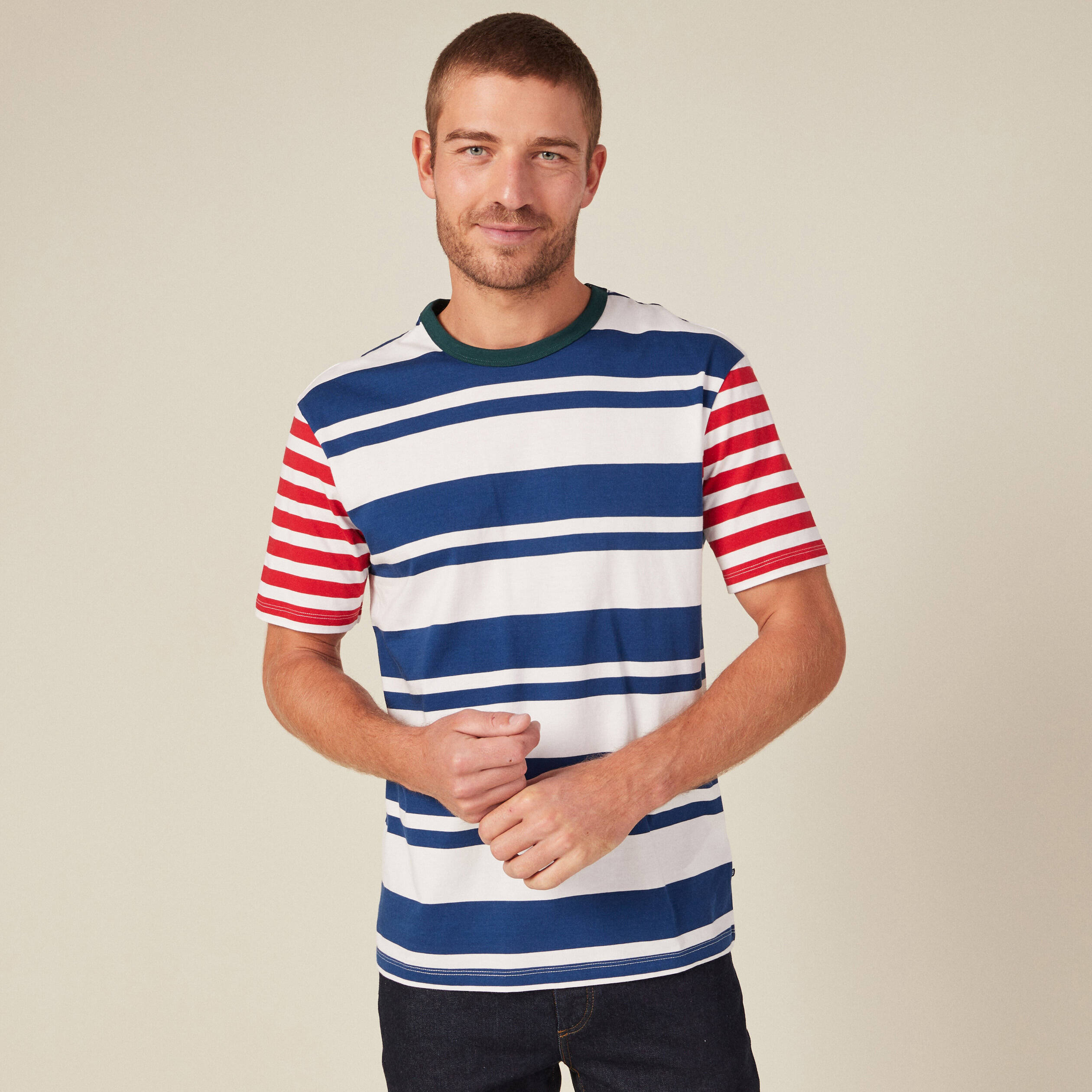 T-shirt ray&eacute; col rond manches courtes ecru homme