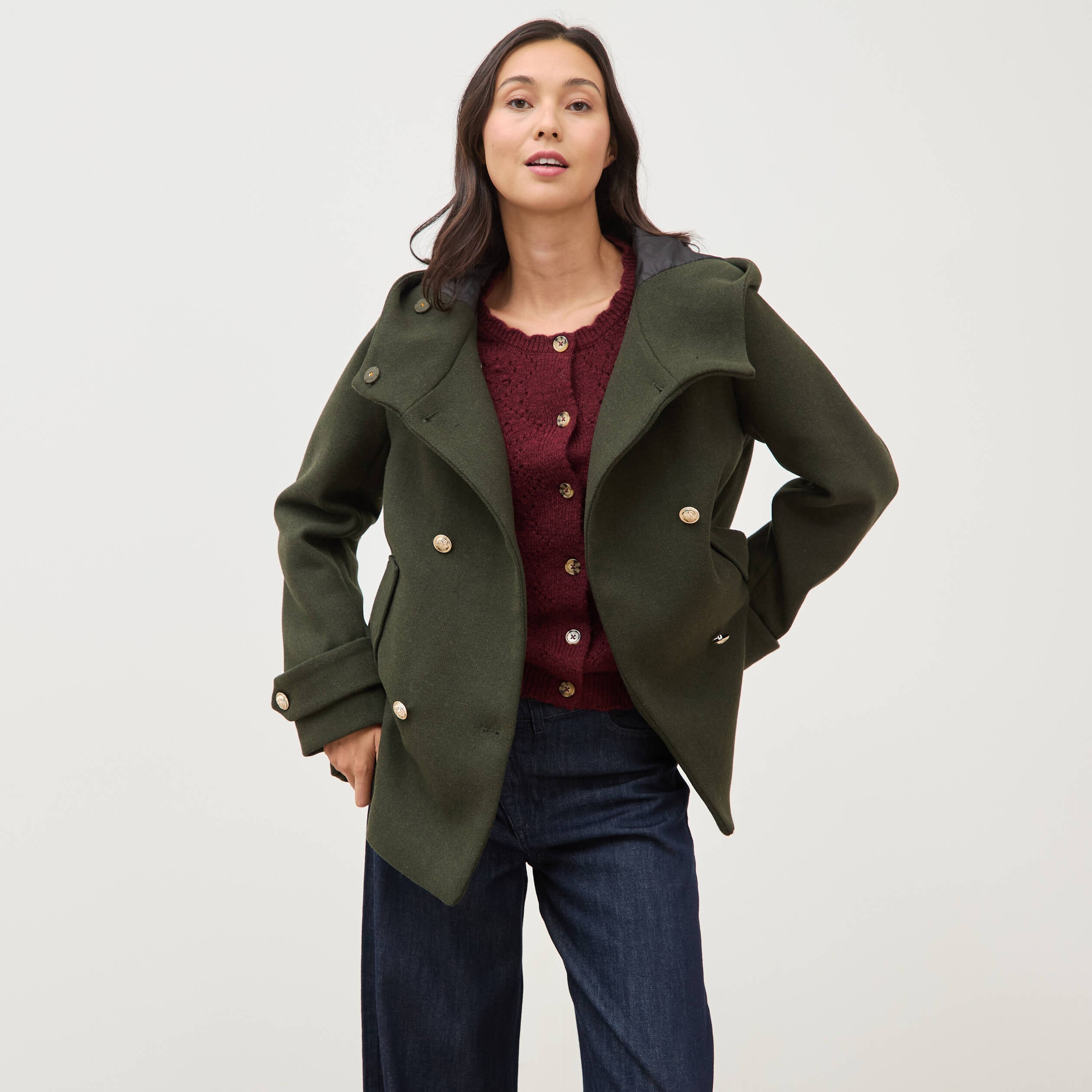 Caban oversize court &agrave; capuche vert olive femme