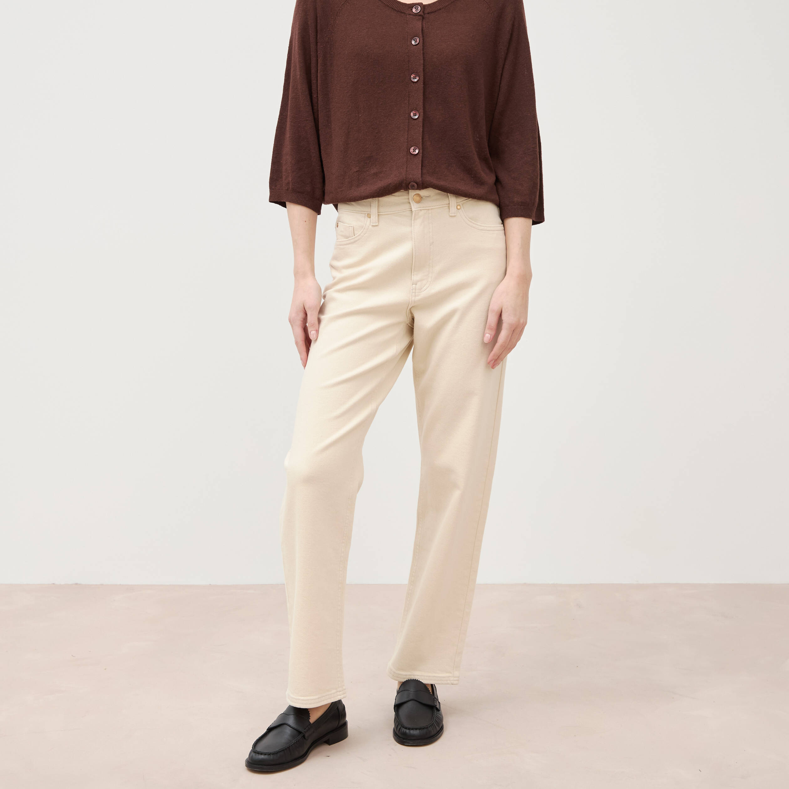 Jeans straight 7/8&egrave;me taille haute ecru femme