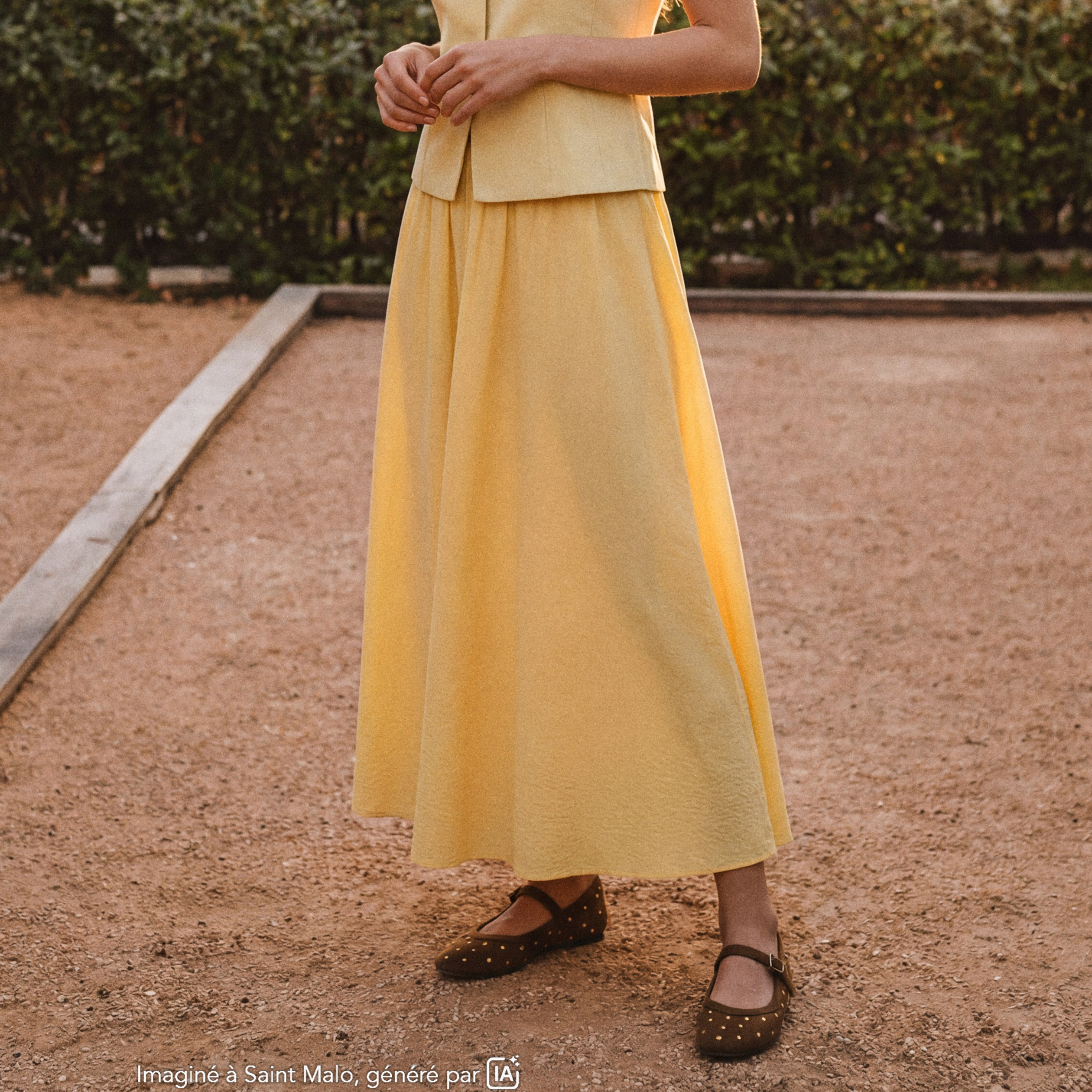 Jupe longue &eacute;vas&eacute;e en coton doubl&eacute;e jaune clair femme
