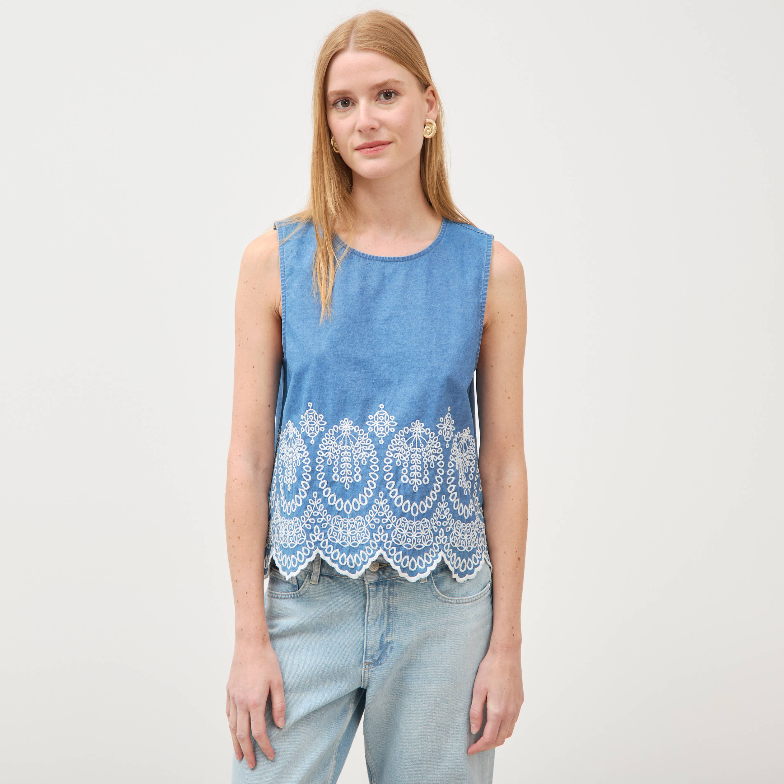 Top en jeans sans manches col rond bleu clair femme