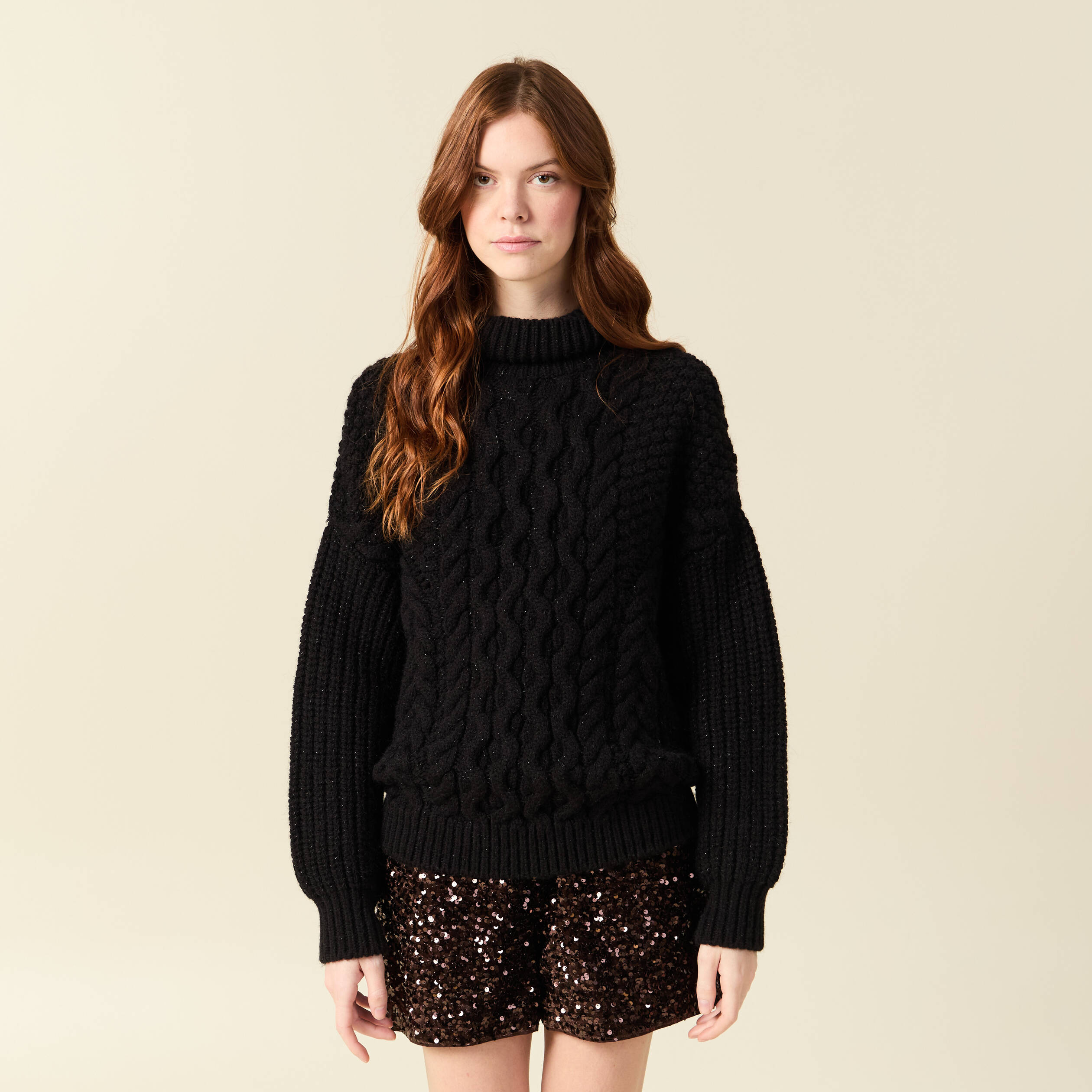 Pull manches longues col roul&eacute; brillant noir femme