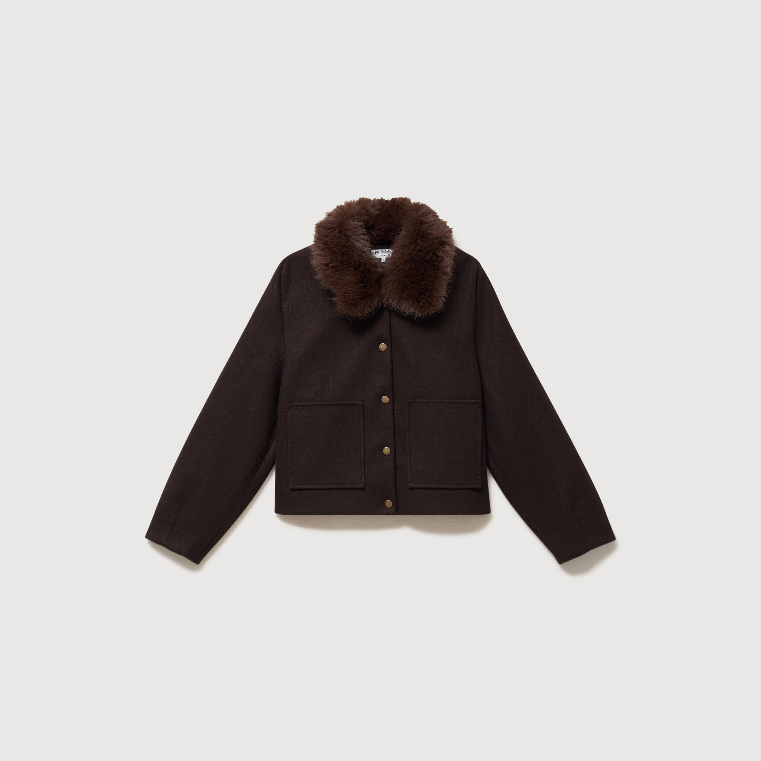 Blouson court oversize col sherpa marron fonc&eacute; femme