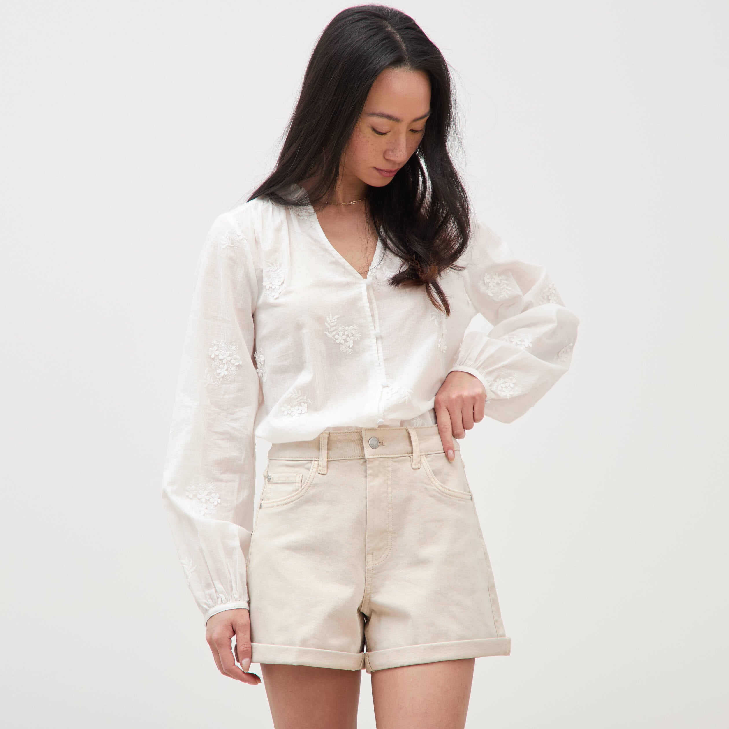 Short mom taille haute denim blanc femme