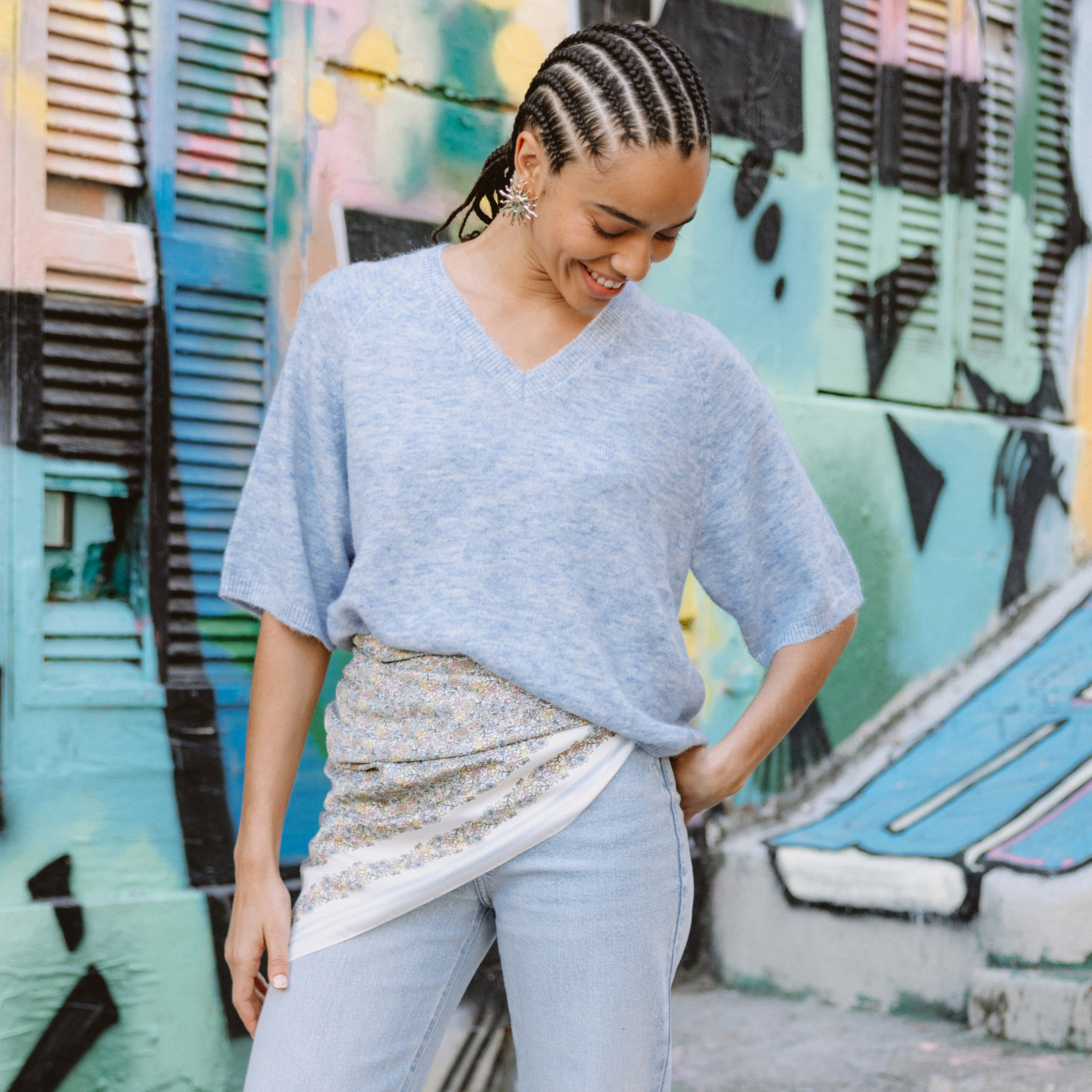 Pull col v manches 3/4 bleu ciel femme