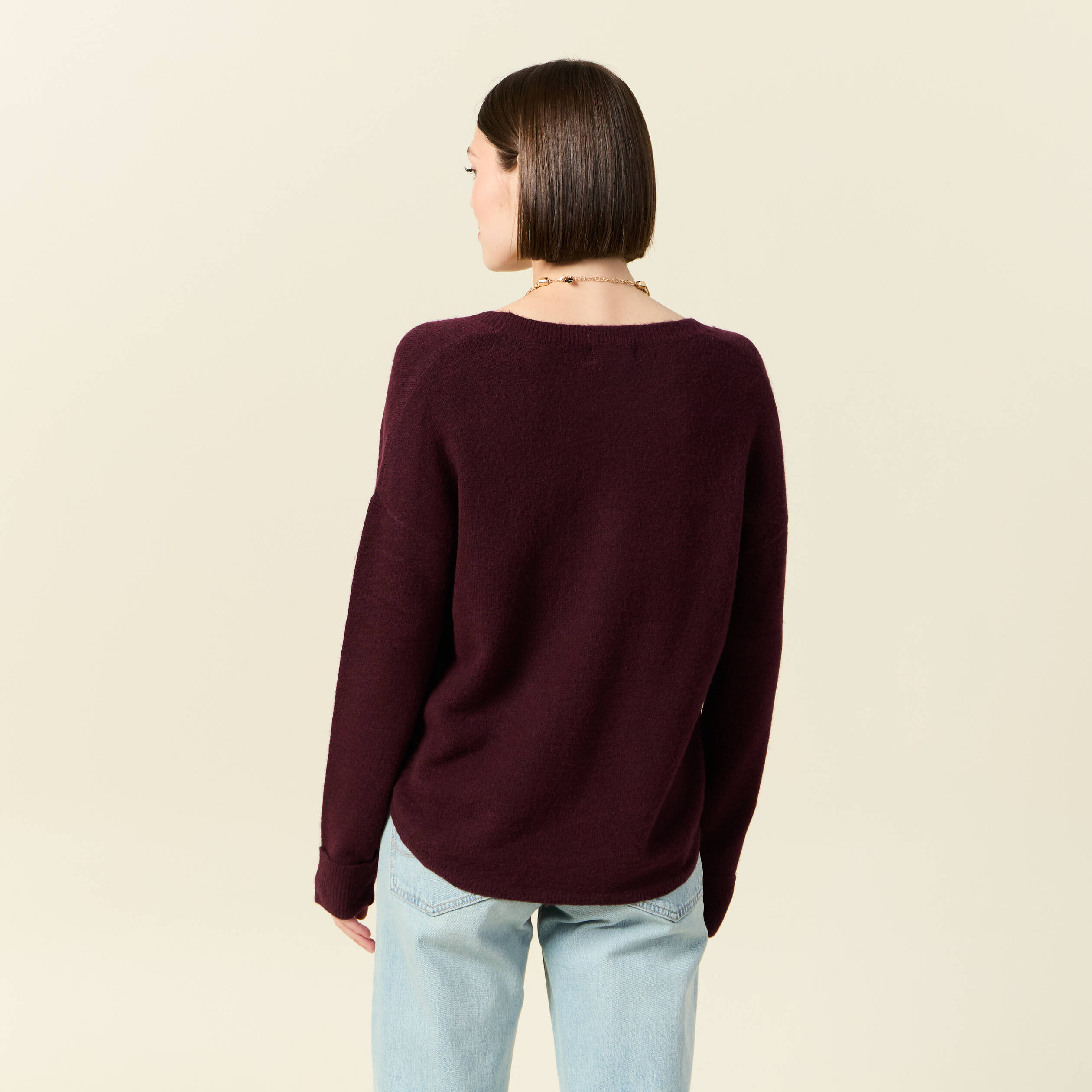 Pull manches longues col en V prune femme