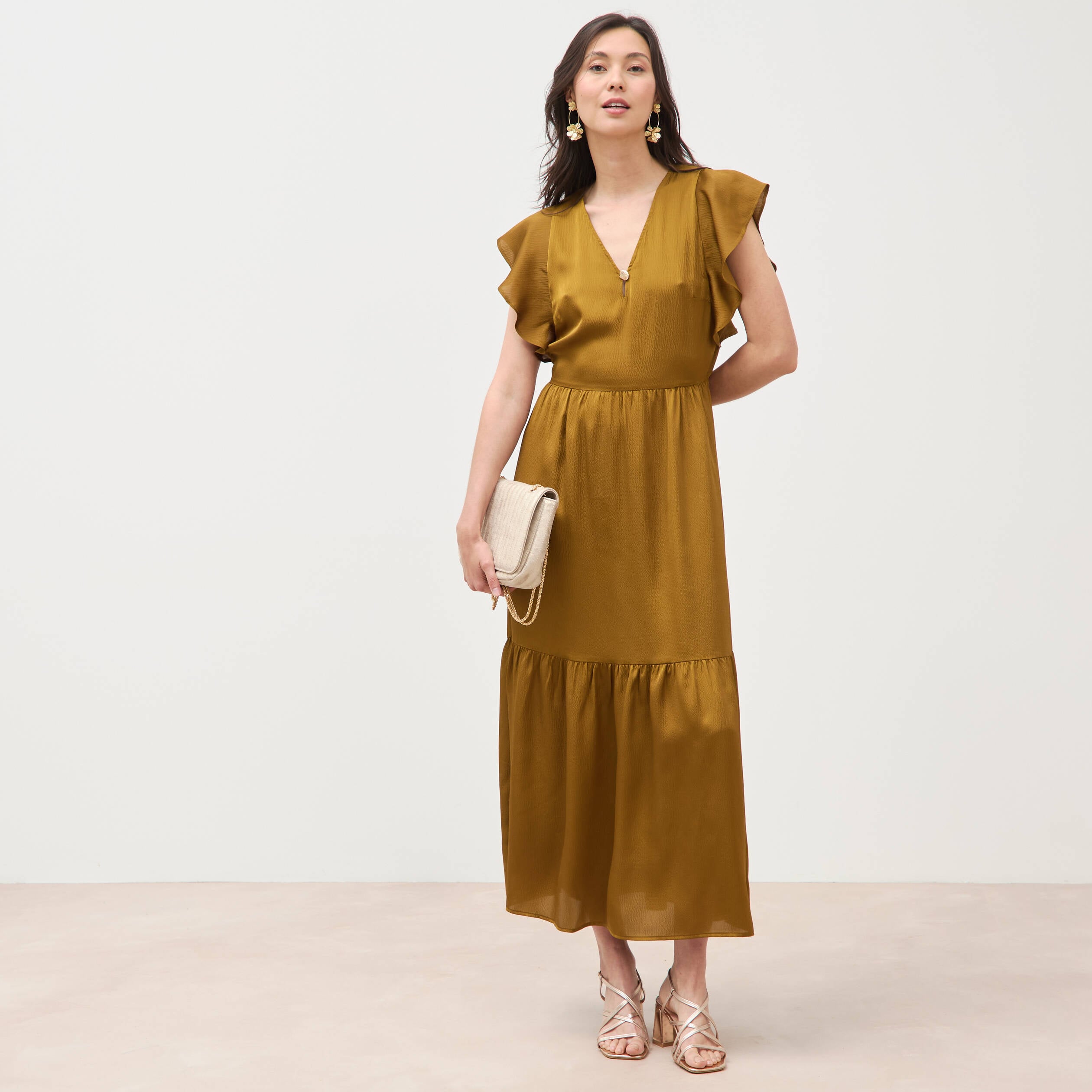 Robe fluide col v manches courtes vert olive femme