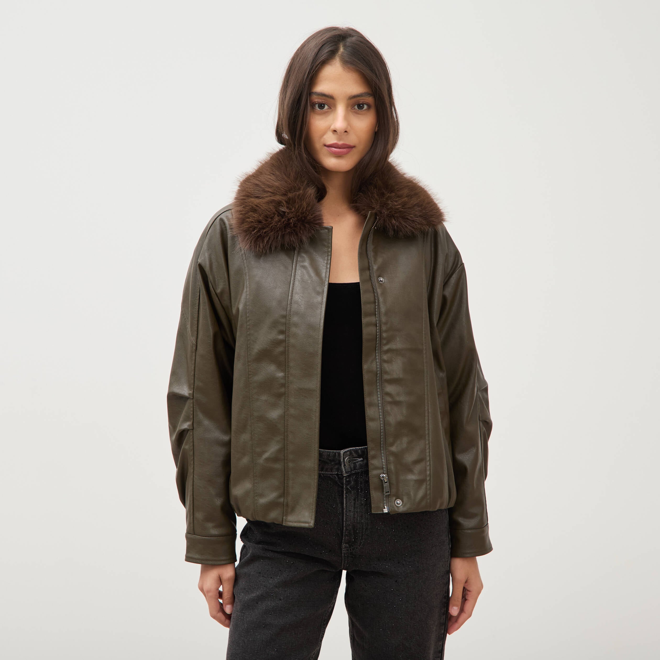 Blouson oversize manches longues vert olive femme