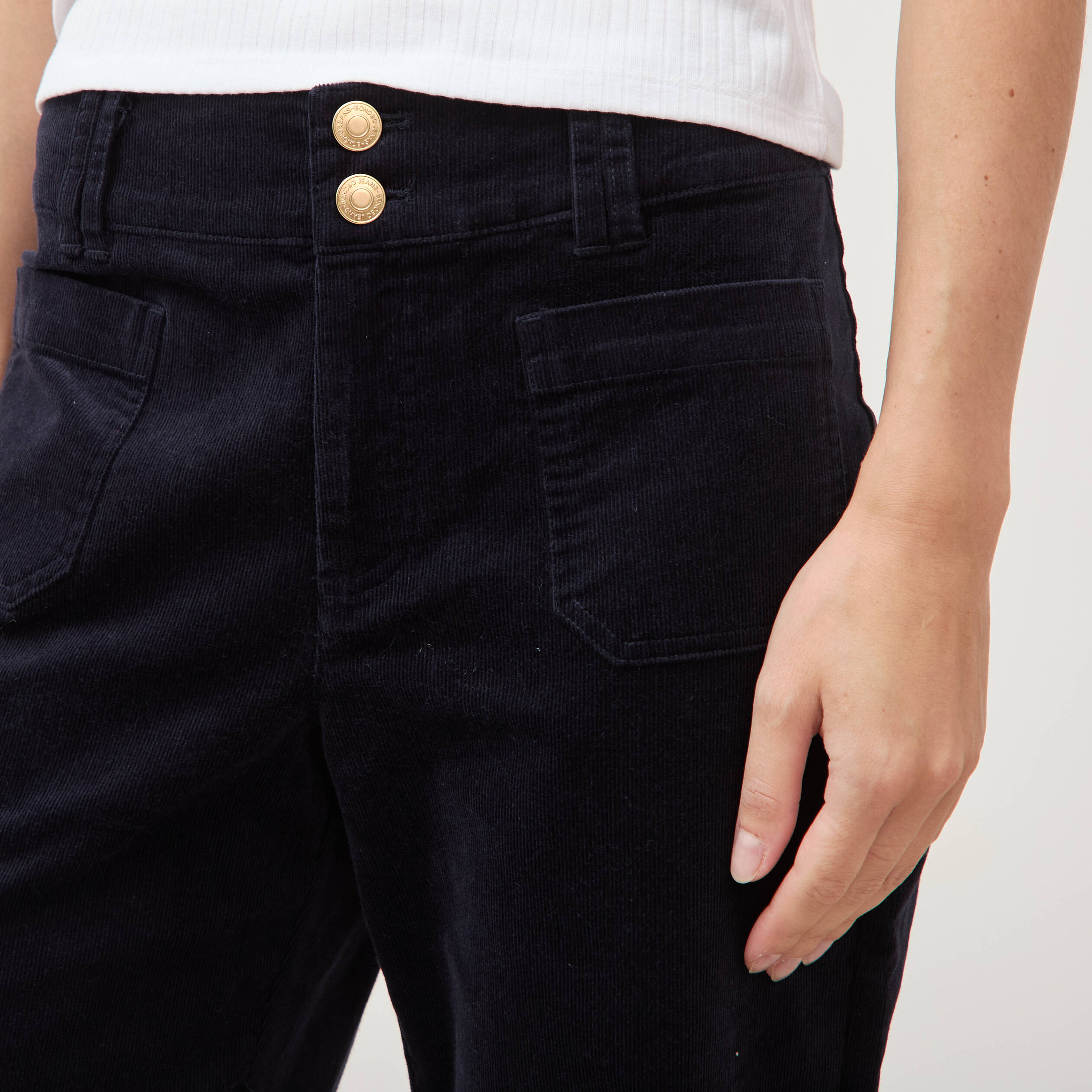 Pantalon flare taille haute en velours bleu fonc&eacute; femme