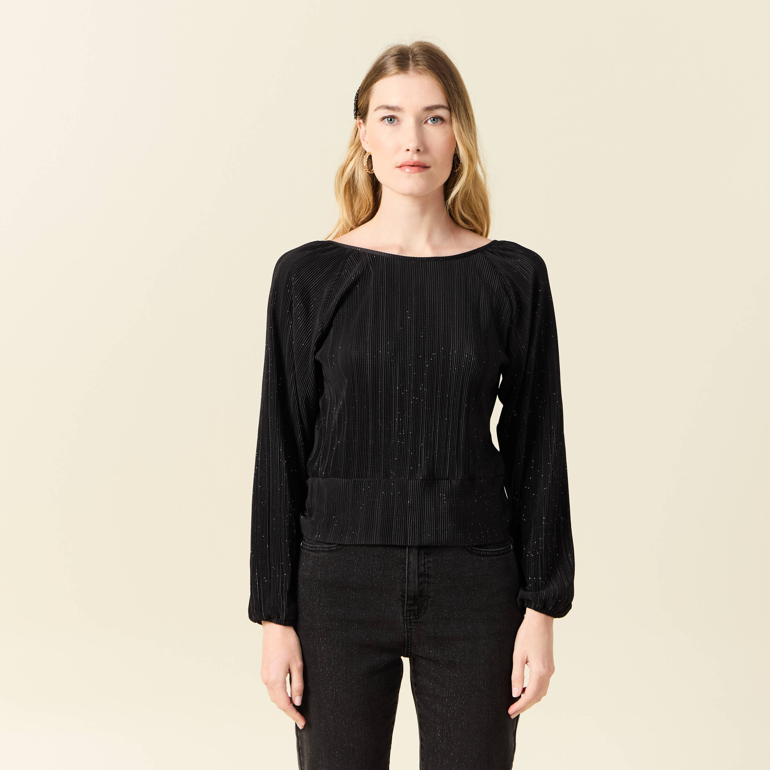 T-shirt manches longues plissé noir femme Bonobo