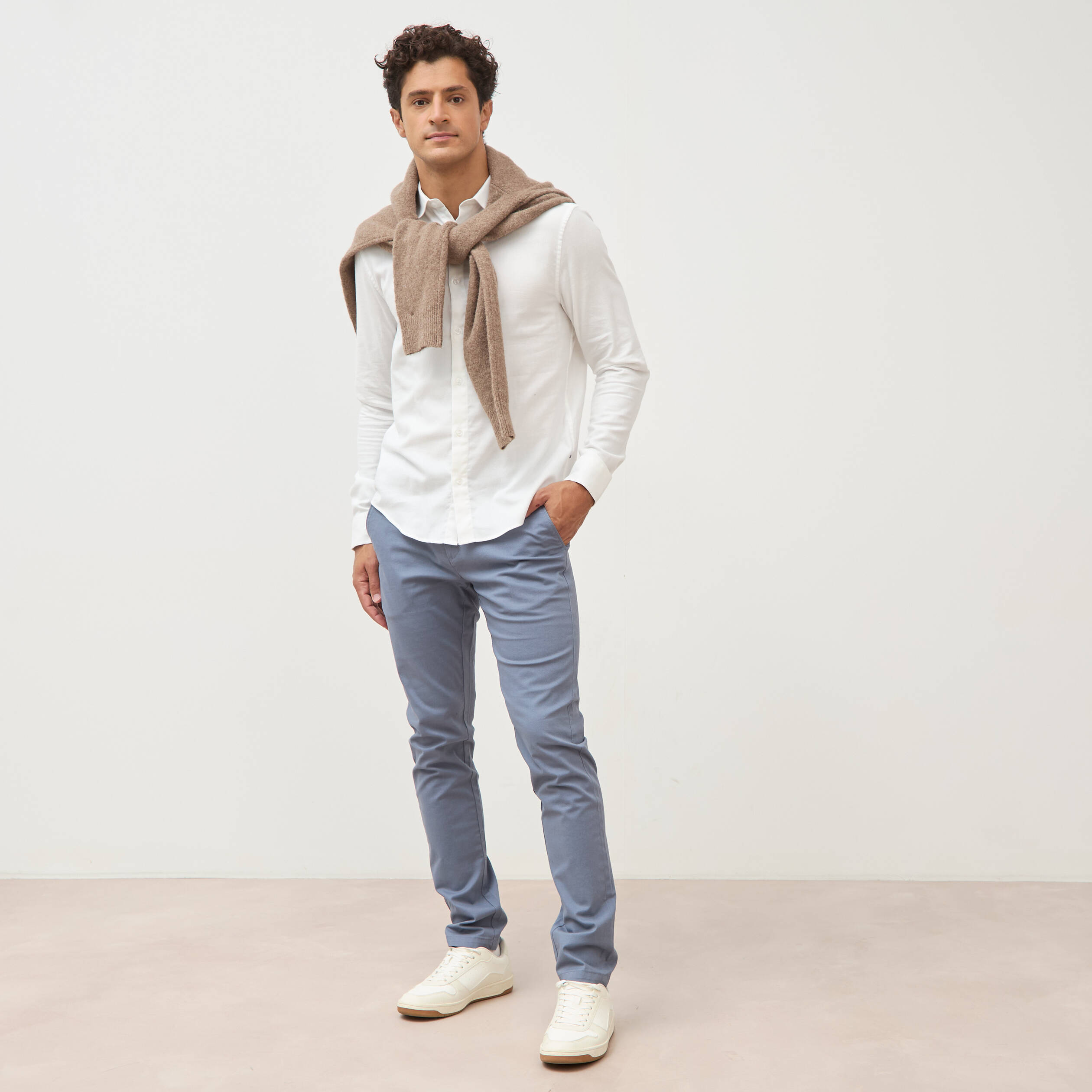 Chemise droite en coton manches longues ecru homme