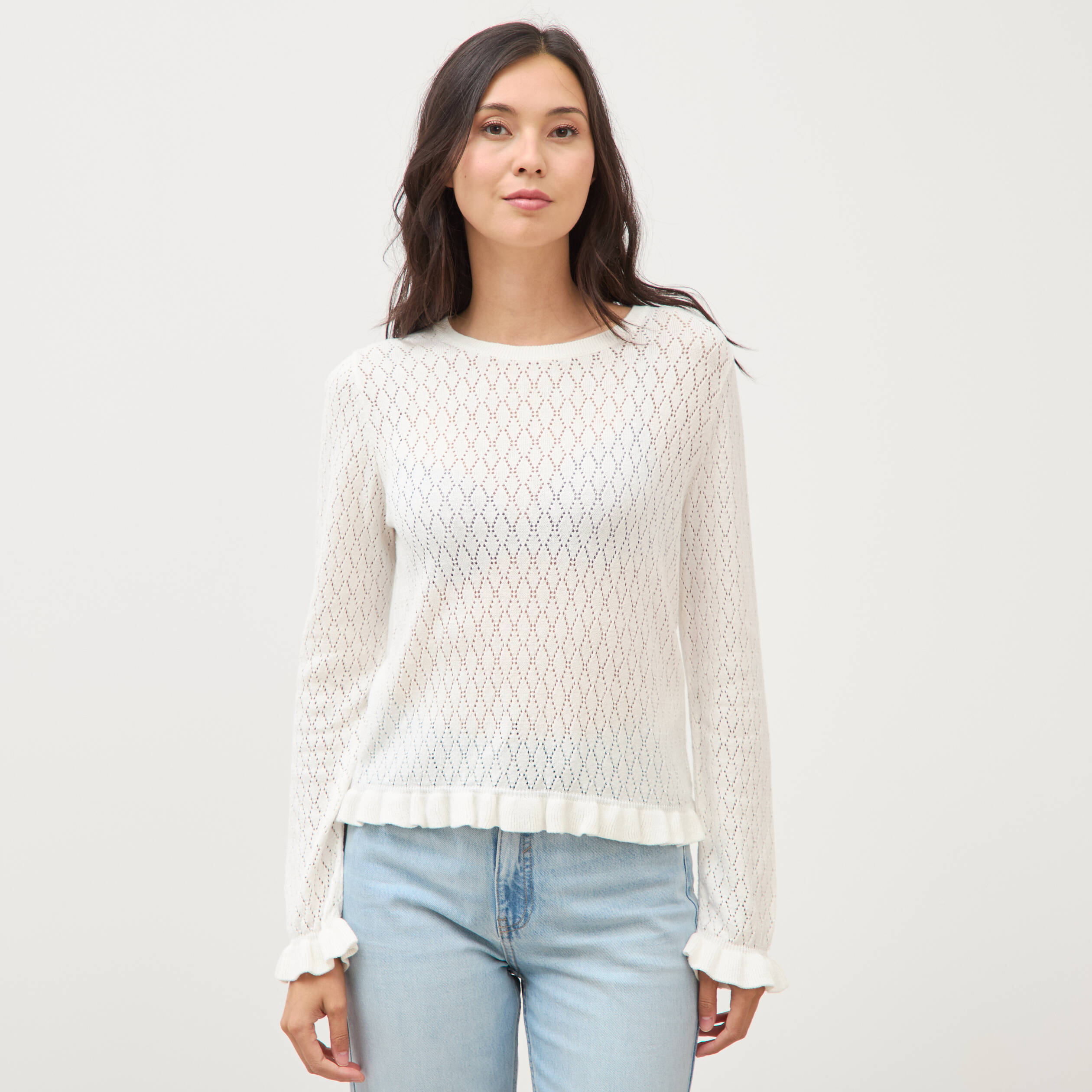 Pull ajour&eacute; col rond manches longues ecru femme