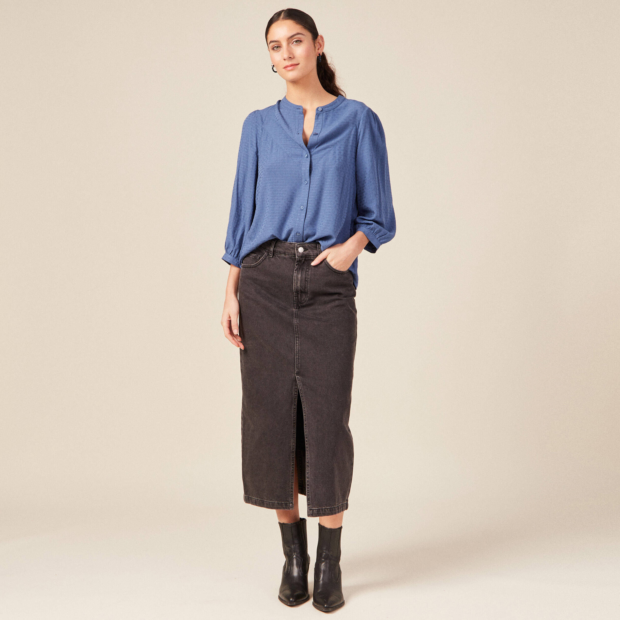 Chemise manches 3/4 bleu ciel femme