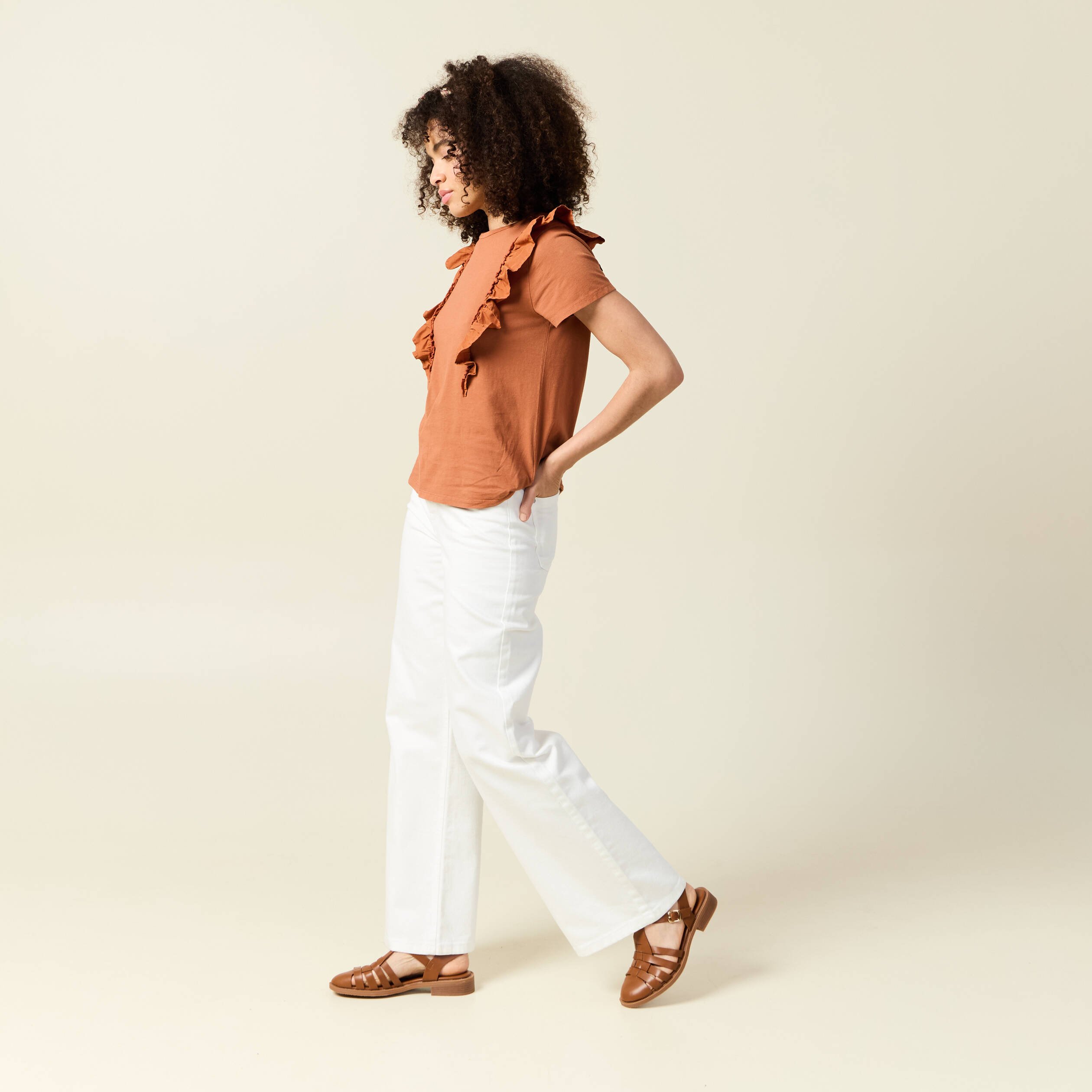 t shirt en coton manches courtes marron cognac femme T-shirt en coton manches courtes marron cognac femme