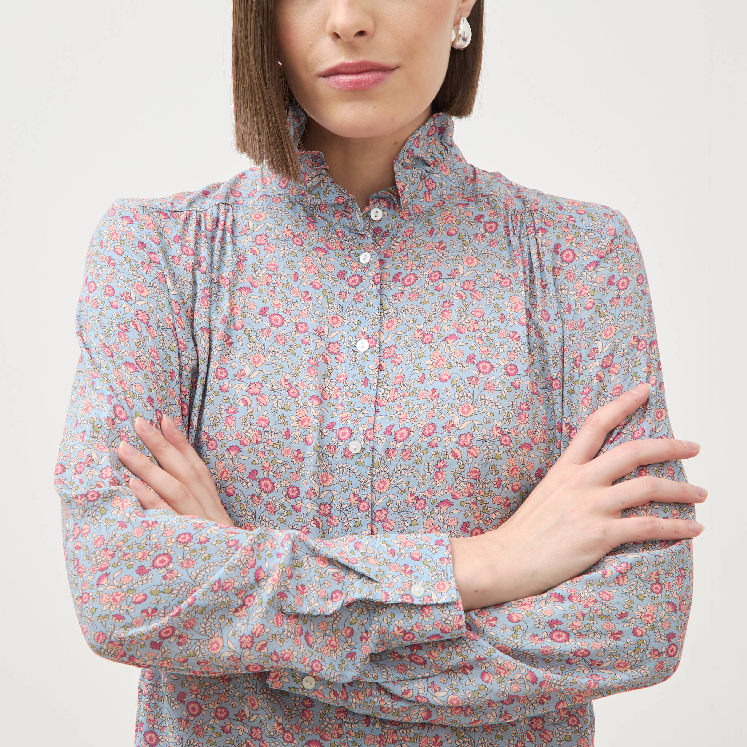 Chemise droite manches longues bleu gris femme