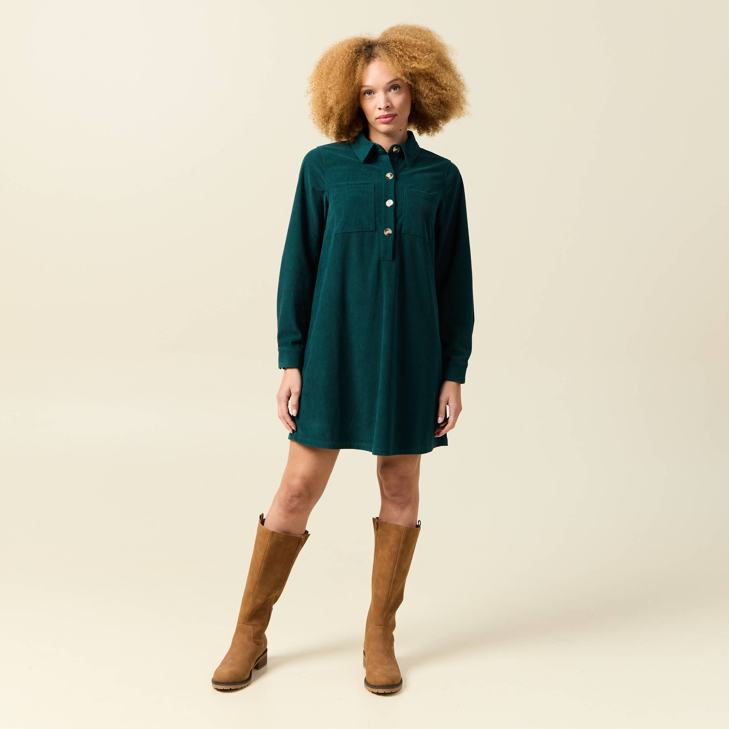 Robe droite velours col polo vert fonc&eacute; femme