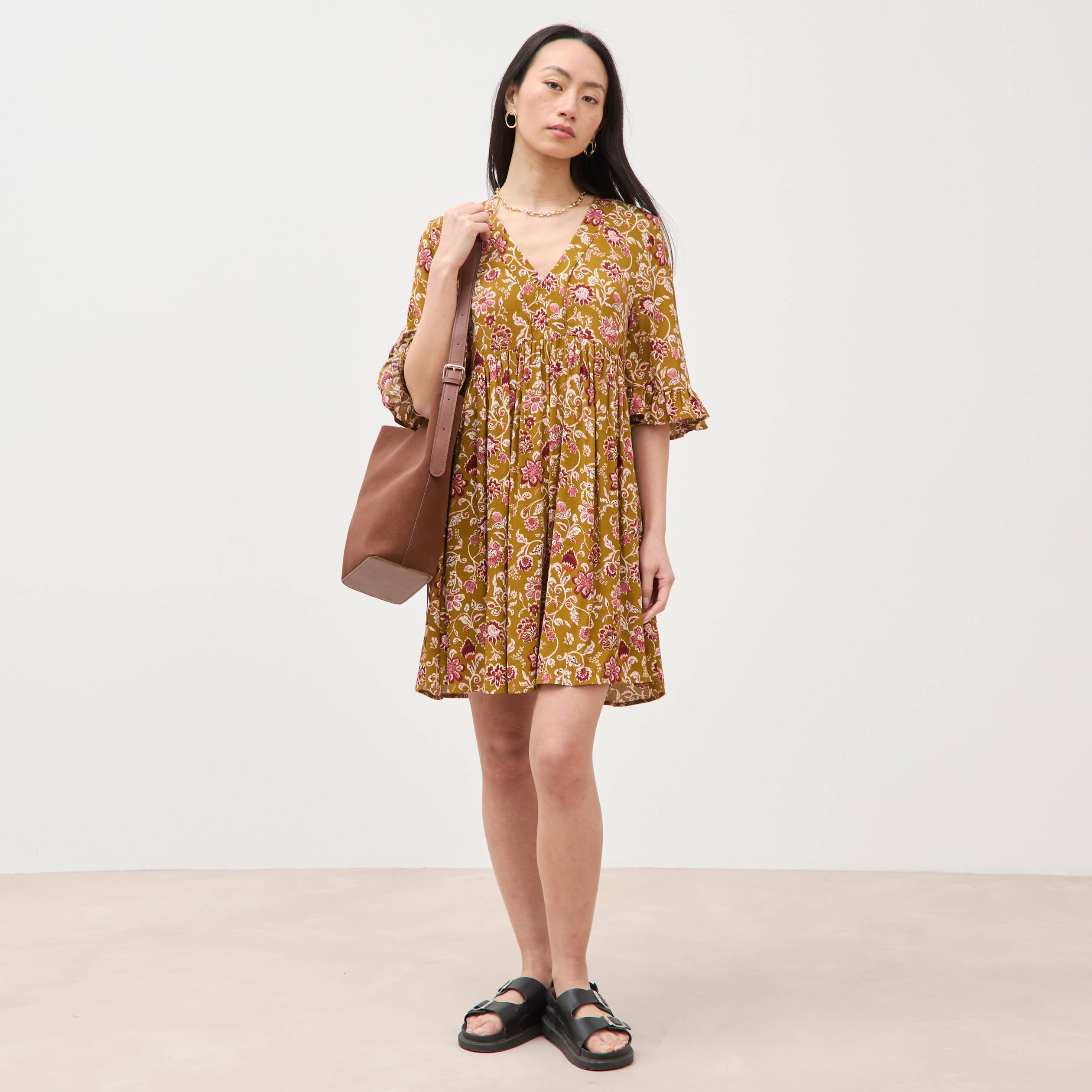 Robe col v manches au coude vert olive femme