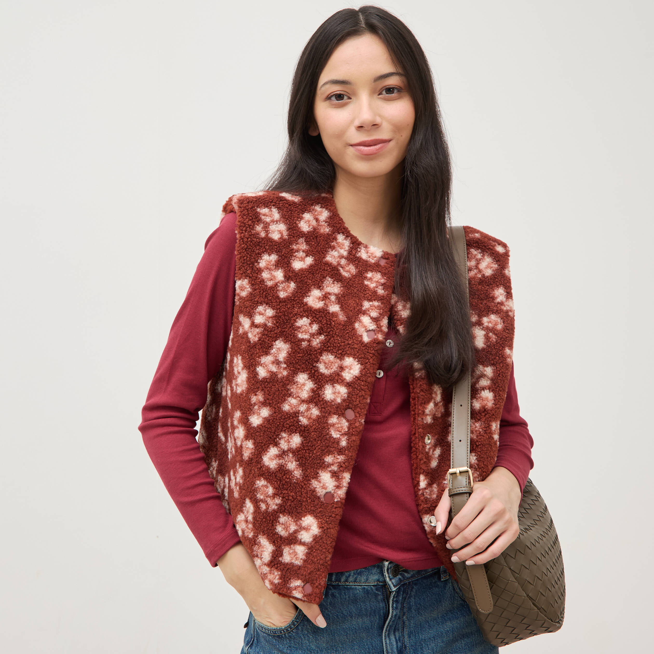 Gilet sans manches r&eacute;versible rouge fonc&eacute; femme