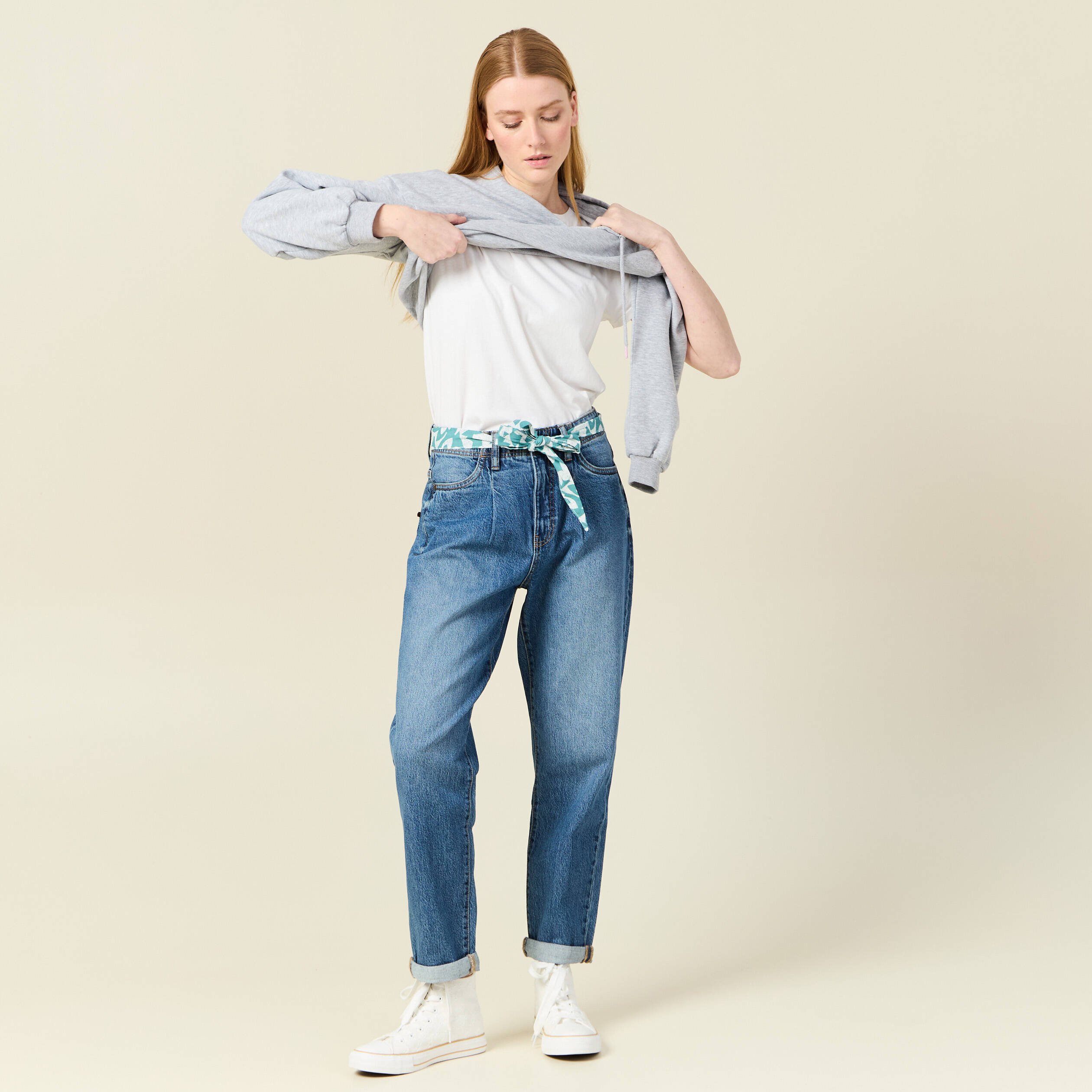 Jeans mom ceinture foulard denim stone femme Bonobo