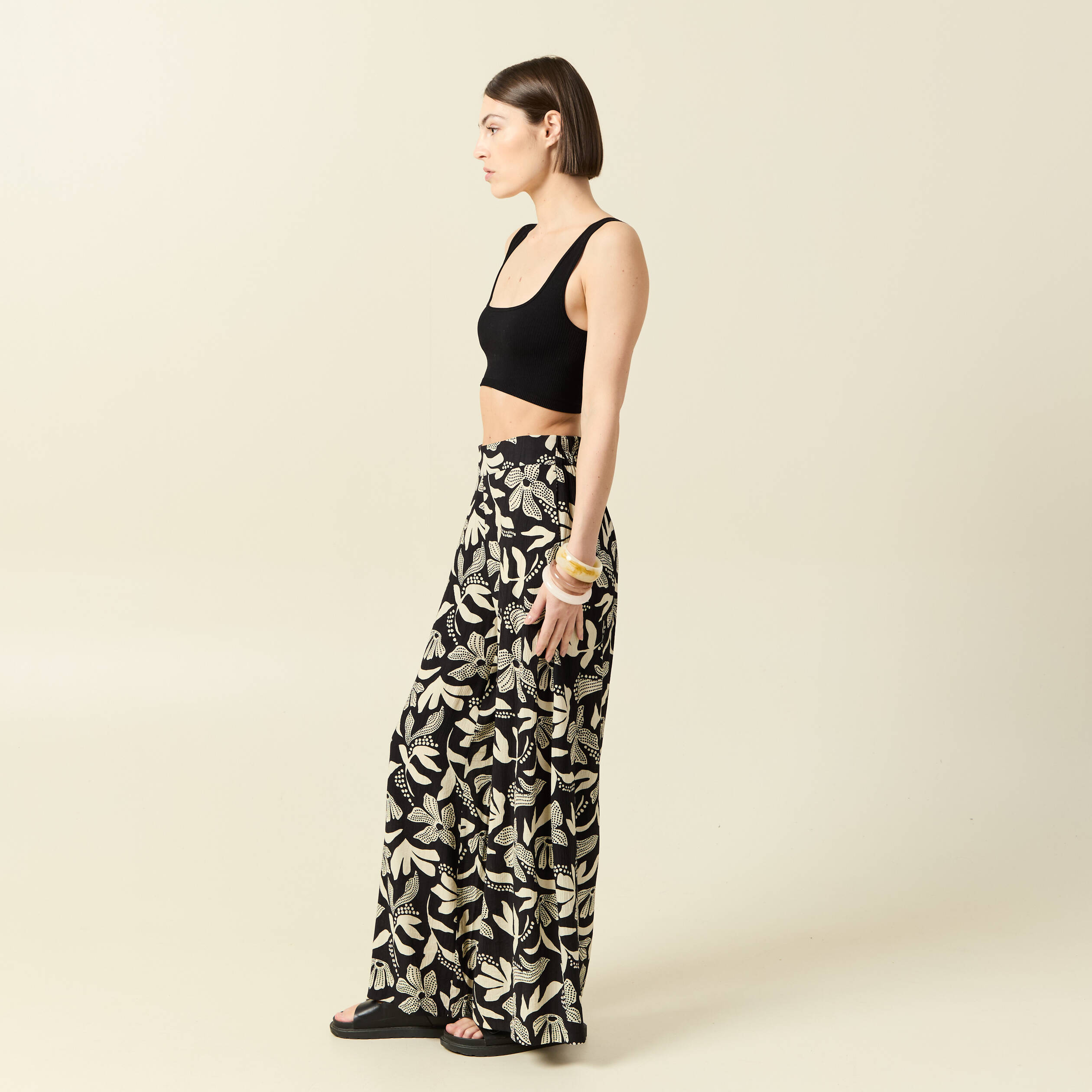 Pantalon large taille haute noir femme