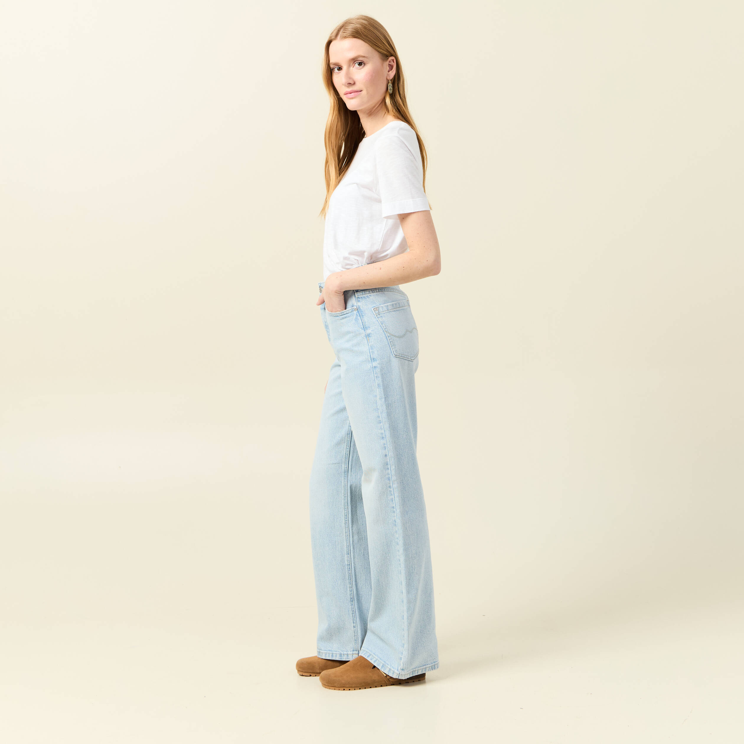 Jeans large taille haute denim bleach femme
