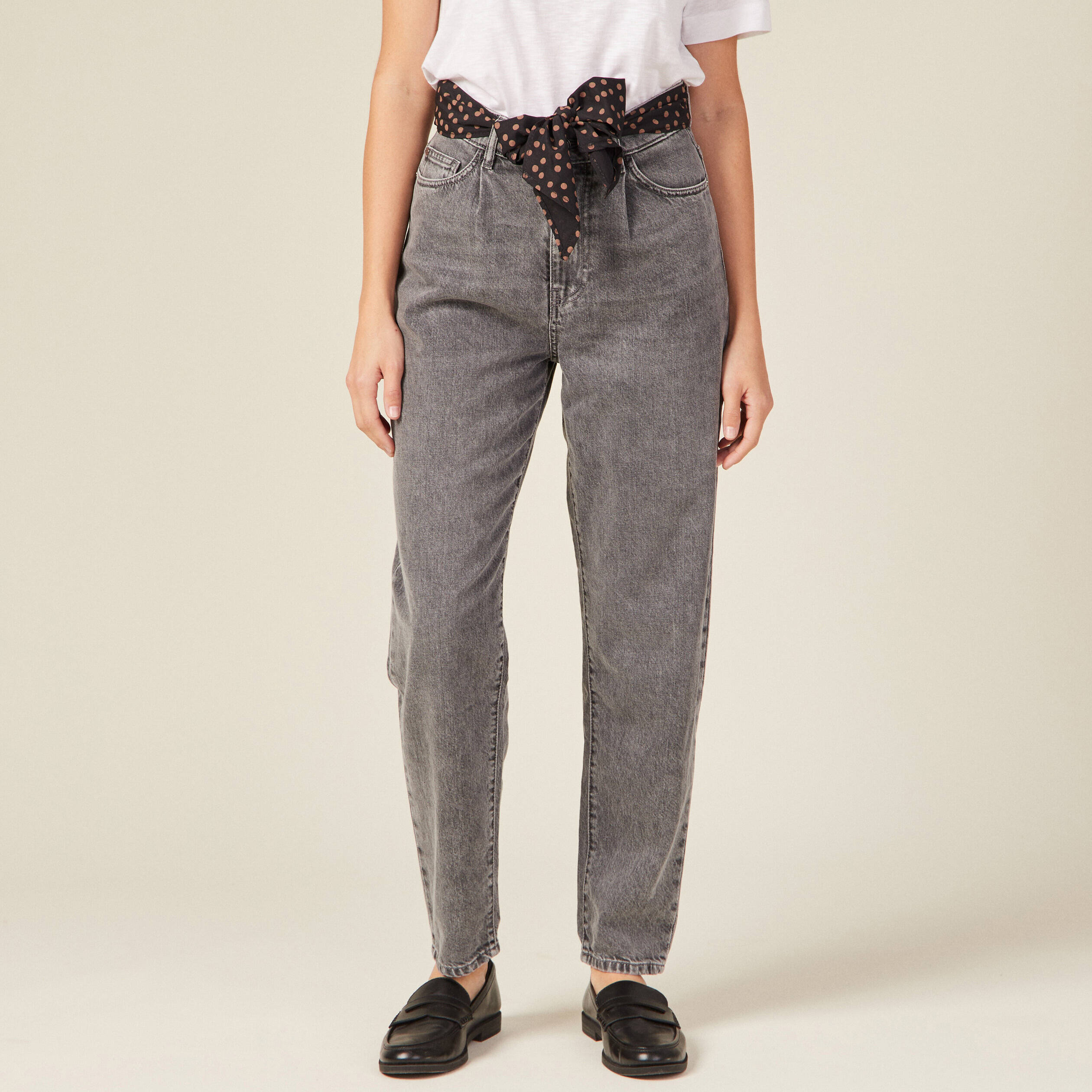 Jeans slouchy ceinturé denim snow gris femme