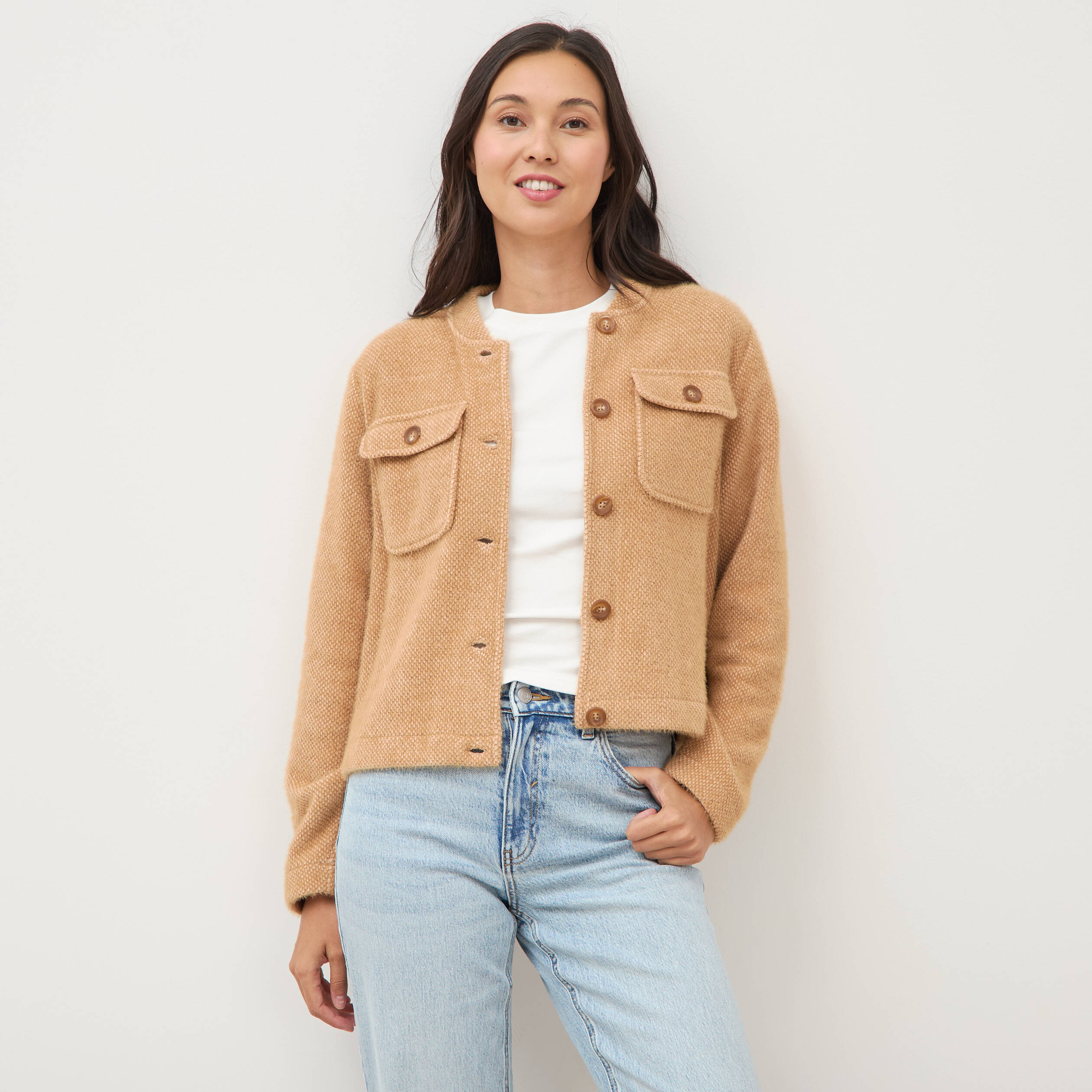 Gilet droit manches longues col mao camel femme