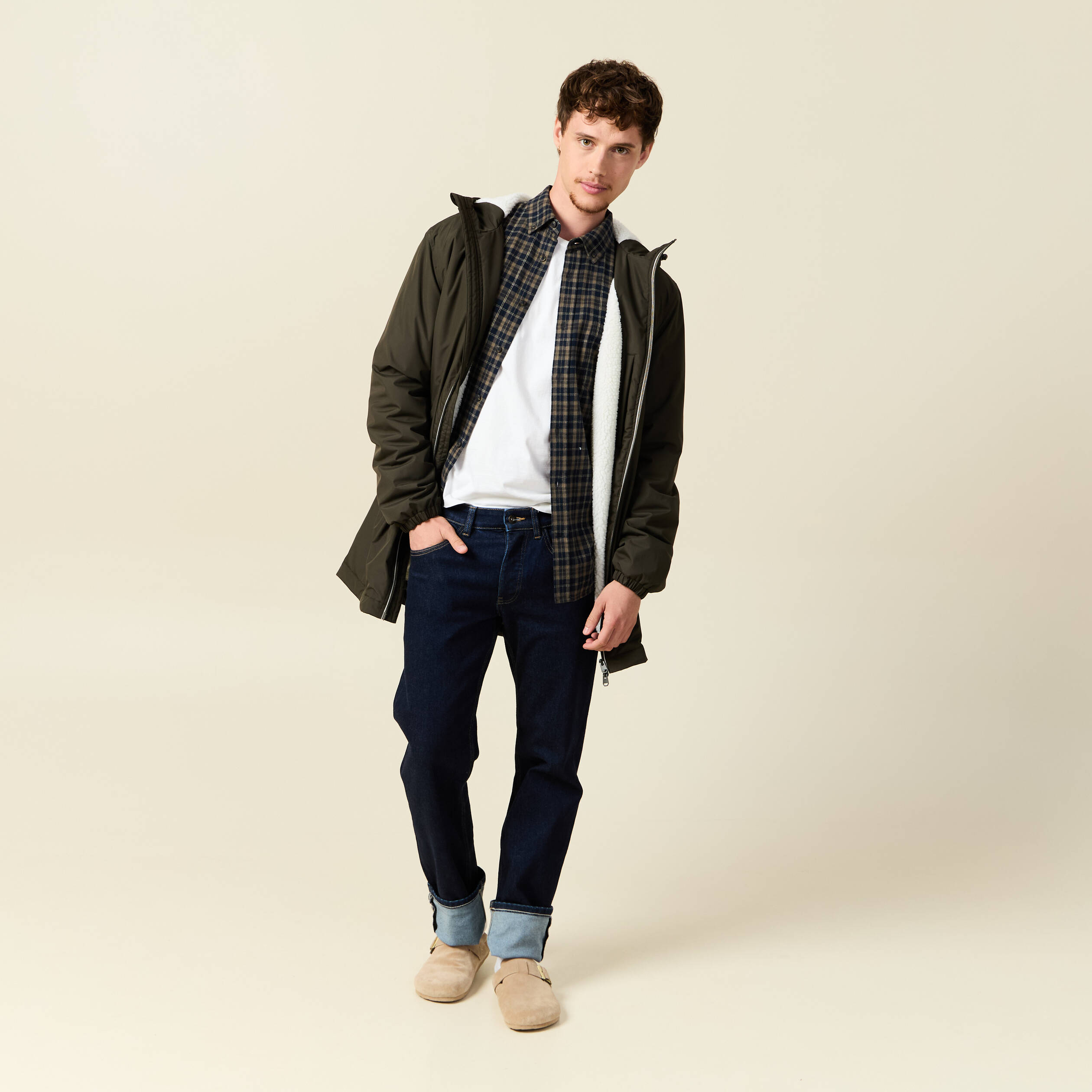 Parka longue droite &agrave; capuche vert kaki homme