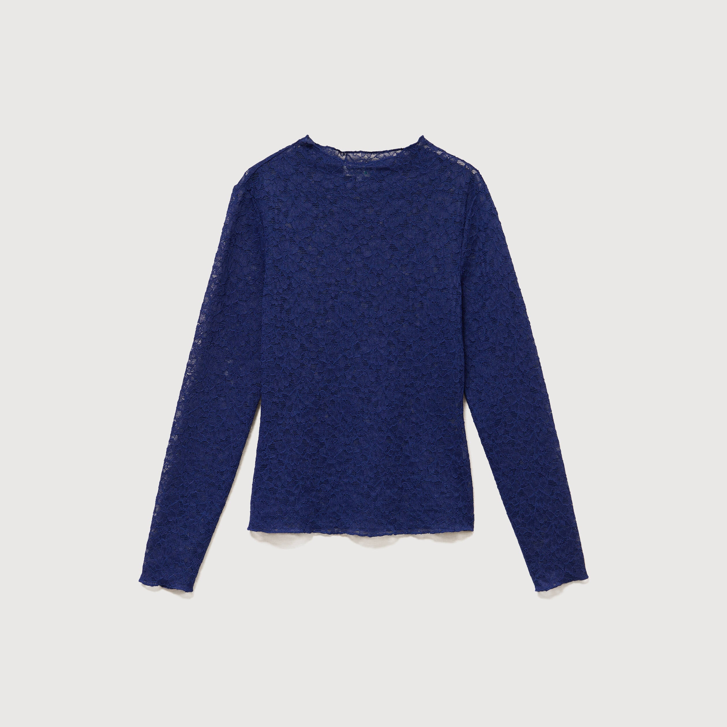 T-shirt ajust&eacute; dentelle manches longues bleu fonc&eacute; femme