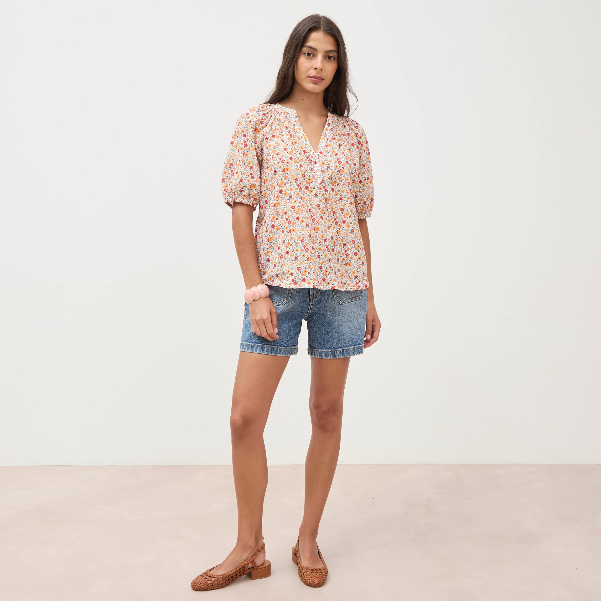 Blouse droite en coton manches courtes orange fonc&eacute; femme